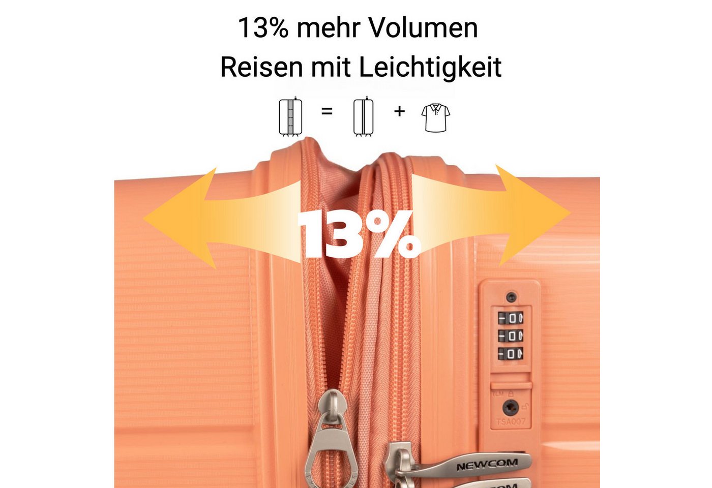 NEWCOM Hartschalen-Trolley Reisekoffer Erweiterbar, Hartschale Koffer mit TSA-Schloss, PP, 4 Rollen, 24 Zoll/L, Orange, ultraleichter & robuster Check-in Koffer Bild 5