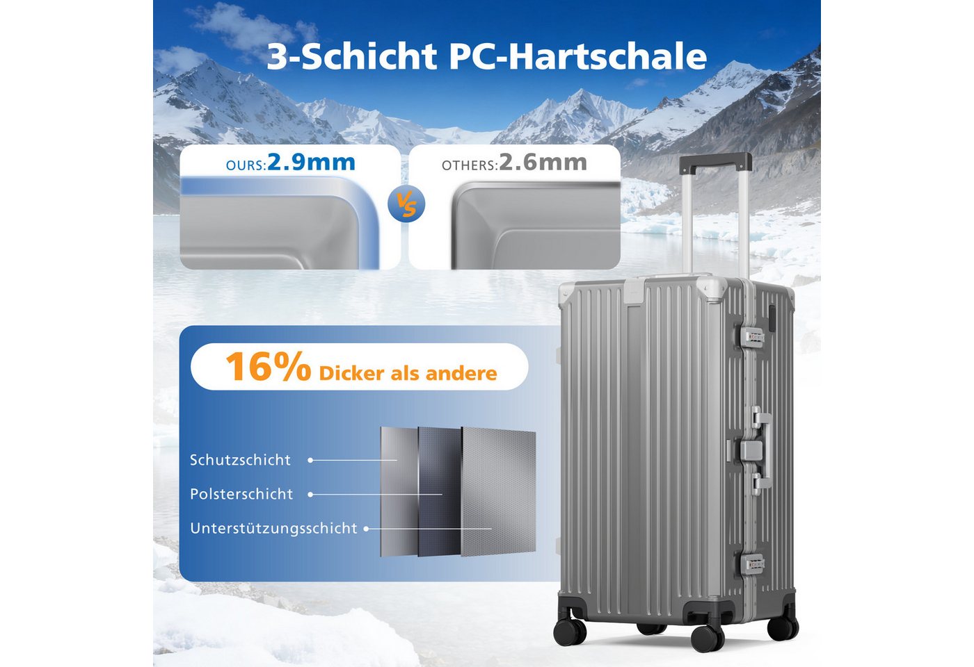 ALPHA CAMP Koffer 360° Rollen Rollkoffer für die Reise, Aluminiumrahmen & Hartschale aus Polycarbonat mit TSA-Schloss Bild 2