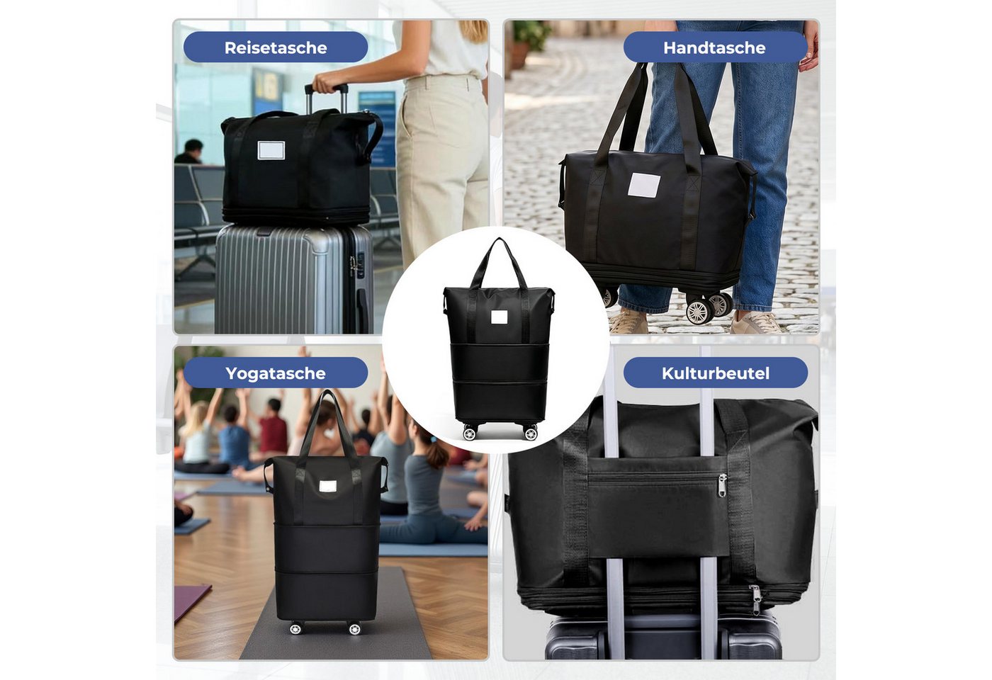 AKKEE Reisetasche Erweiterbare Gepäcktasche wasserabweisend mit 4 Rollen, Faltbare Duffle-Tasche, 26-54L