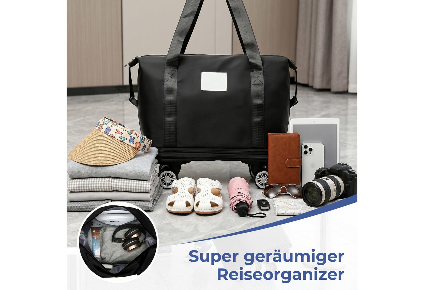 AKKEE Reisetasche Erweiterbare Gepäcktasche wasserabweisend mit 4 Rollen, Faltbare Duffle-Tasche, 26-54L Bild 2