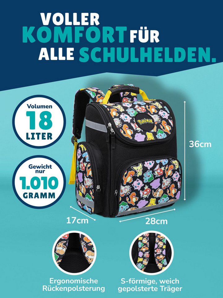Familando Schulranzen Pokemon Pikachu Schultasche ab der 1. Klasse (Set, 10-tlg., inkl. Federmappe, Lunch-Set und Schultüte / Zuckertüte), ergonomisch, 1.010 Gramm leicht, 18L Volumen