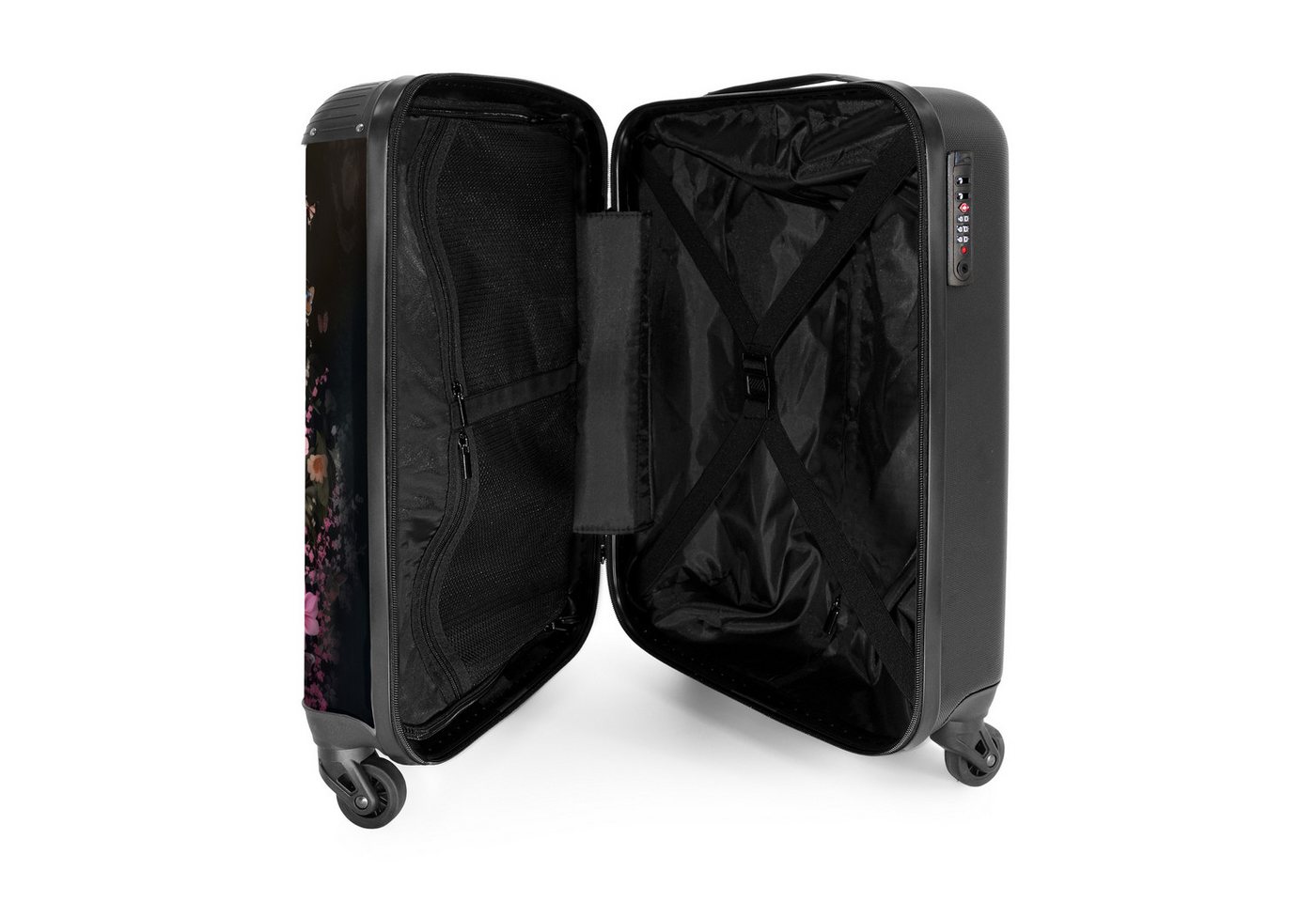 NoBoringSuitcases.com© Kinderkoffer Schwarzes Pferd mit weißer Blesse und bunten Blumen 55x35x20cm, Kinder Koffer Klein, Trolley Handgepäck, Reisekoffer
