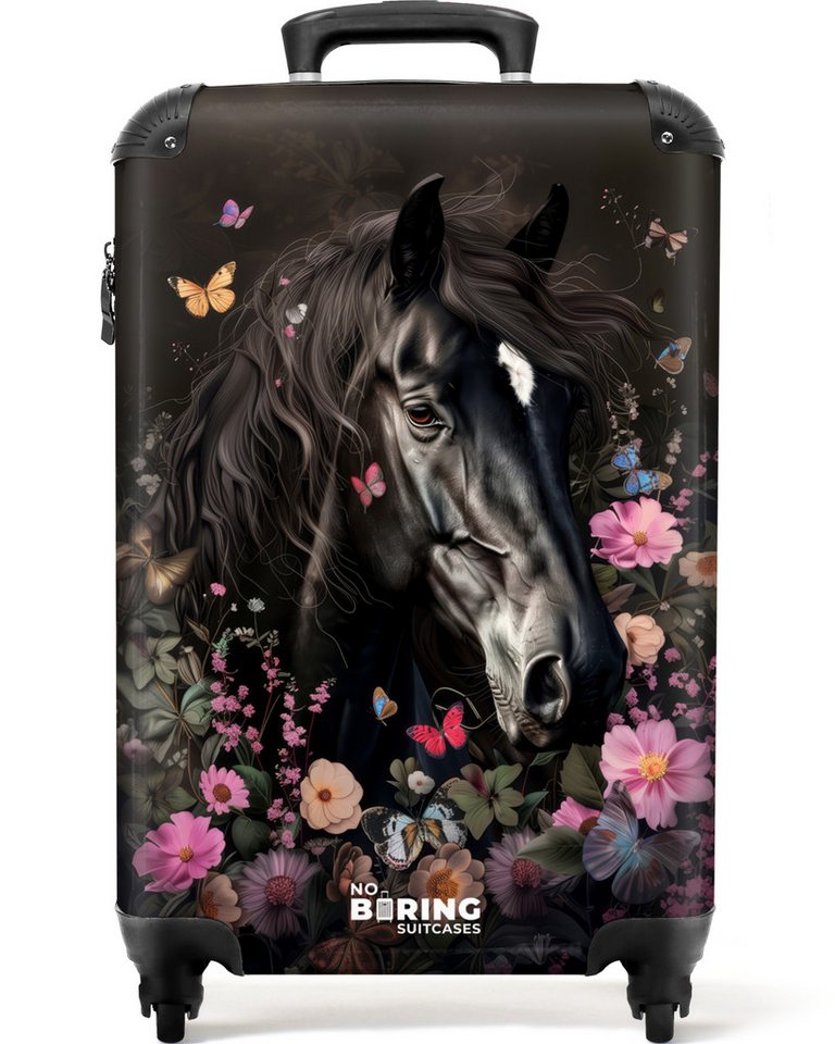NoBoringSuitcases.com© Kinderkoffer Schwarzes Pferd mit weißer Blesse und bunten Blumen 55x35x20cm, Kinder Koffer Klein, Trolley Handgepäck, Reisekoffer Bild 4