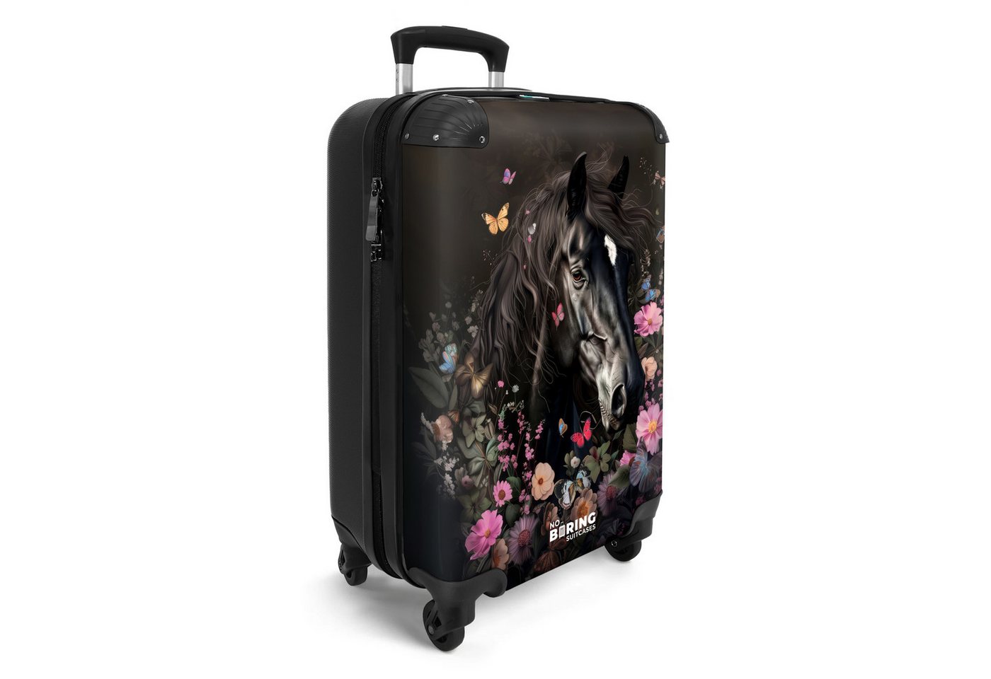 NoBoringSuitcases.com© Kinderkoffer Schwarzes Pferd mit weißer Blesse und bunten Blumen 55x35x20cm, Kinder Koffer Klein, Trolley Handgepäck, Reisekoffer Bild 5