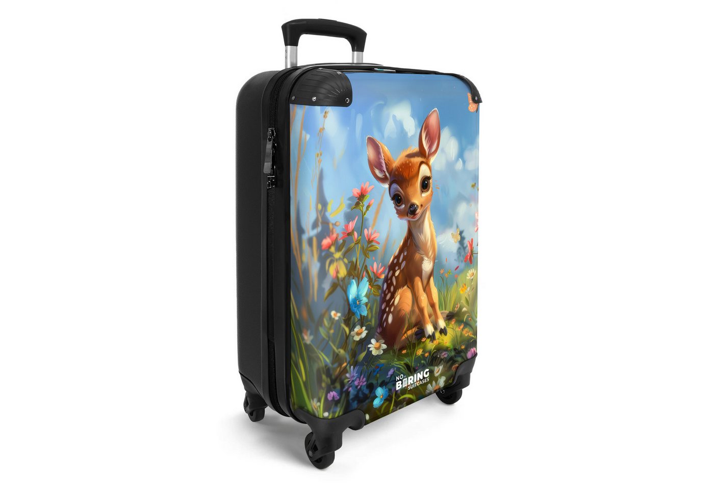 NoBoringSuitcases.com© Kinderkoffer Junges Reh sitzt inmitten von Blumen und Schmetterlingen 55x35x20cm, Kinder Koffer Klein, Trolley Handgepäck, Reisekoffer