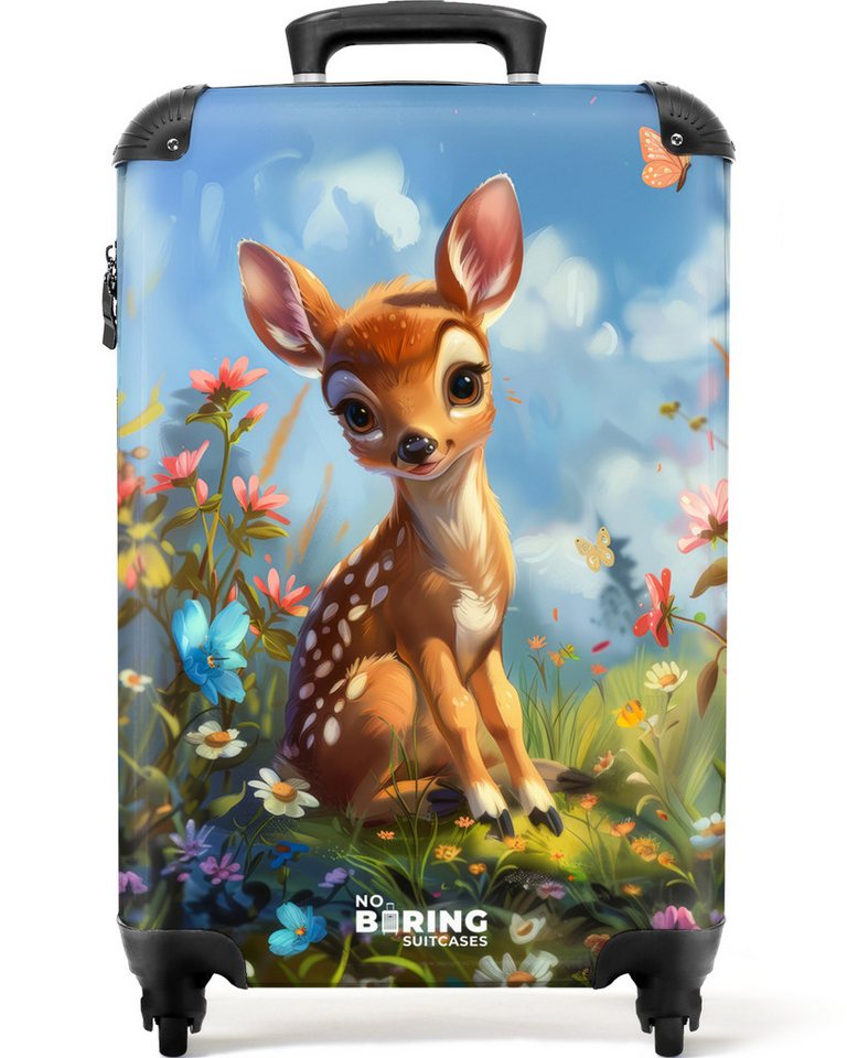 NoBoringSuitcases.com© Kinderkoffer Junges Reh sitzt inmitten von Blumen und Schmetterlingen 55x35x20cm, Kinder Koffer Klein, Trolley Handgepäck, Reisekoffer Bild 5