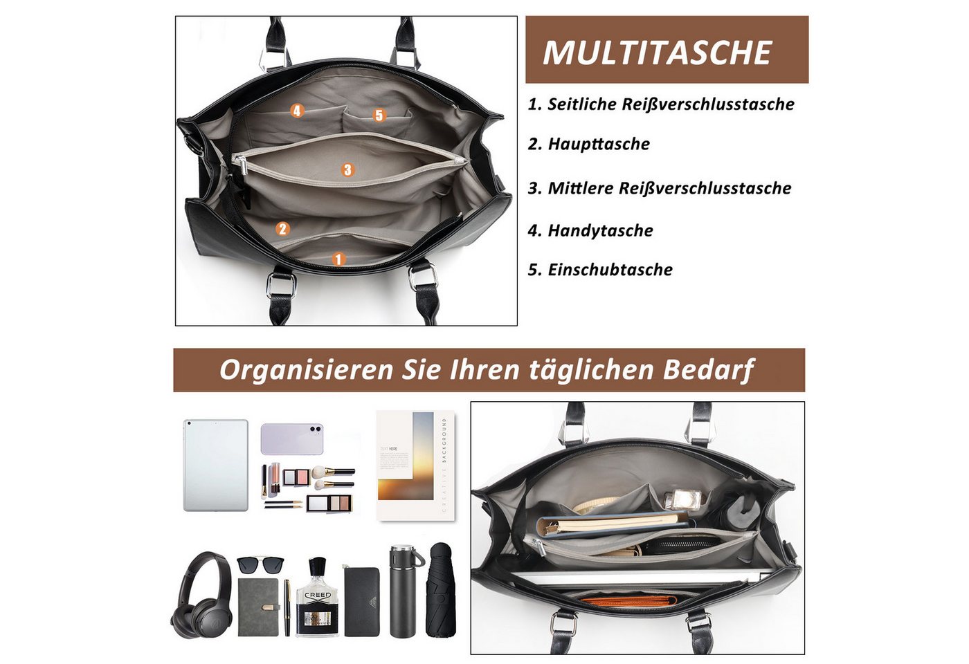 TAN.TOMI Businesstasche Damen Handtasche Große Business Schultertasche Arbeit Schule, Bürotasche Damen Umhängetasche mit 3 Fächern für Büro Schule