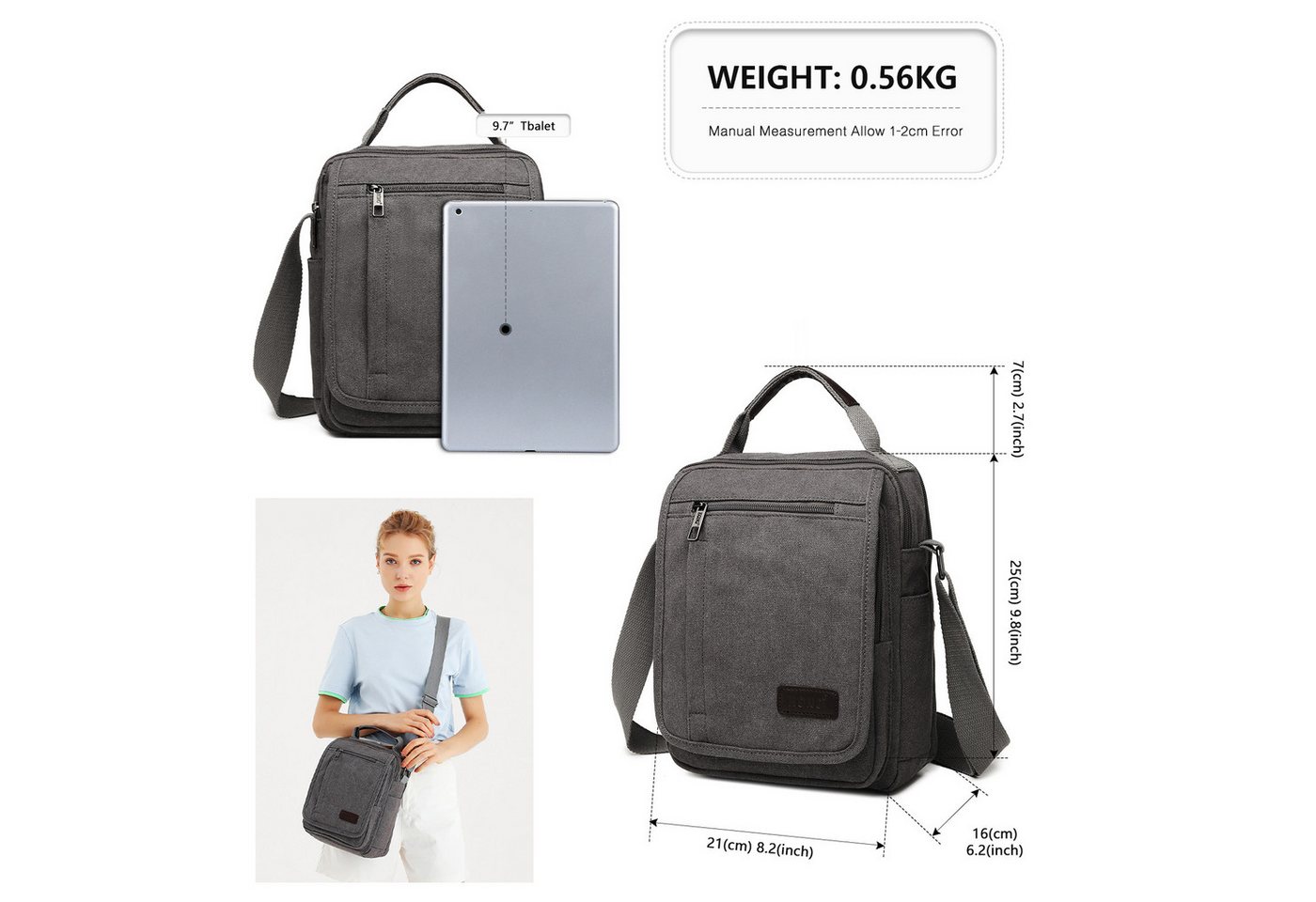 KONO Messenger Bag Langlebige Umhängetasche aus Canvas mit mehreren Taschen Bild 4