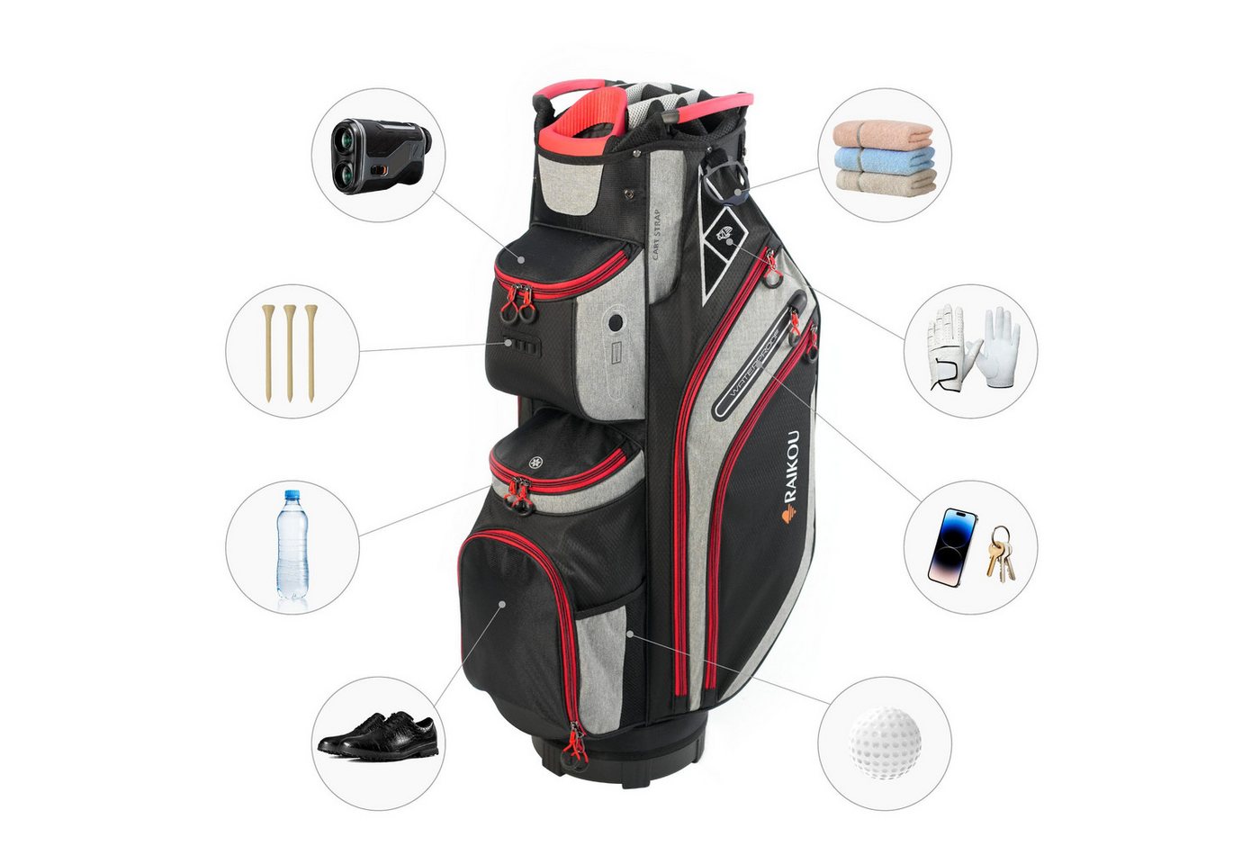 M-Diamant Golfballtasche Golftasche Cartbag Wasserdicht 14-fach 9 Taschen Trolley kompatibel, 14-fach Divider, Kühlfach, Wertsachenfach, wasserabweisend, trolley Bild 5
