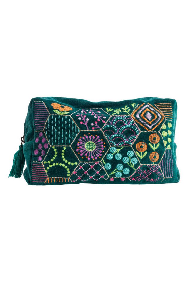 Tranquillo Kosmetiktasche aus Bio-Baumwolle VELVET BLOOM ART groß 24x14x8 cm mit Reißverschluss, Samt-Kulturbeutel mit bunter Stickerei für Accessoires und Makeup Bild 3