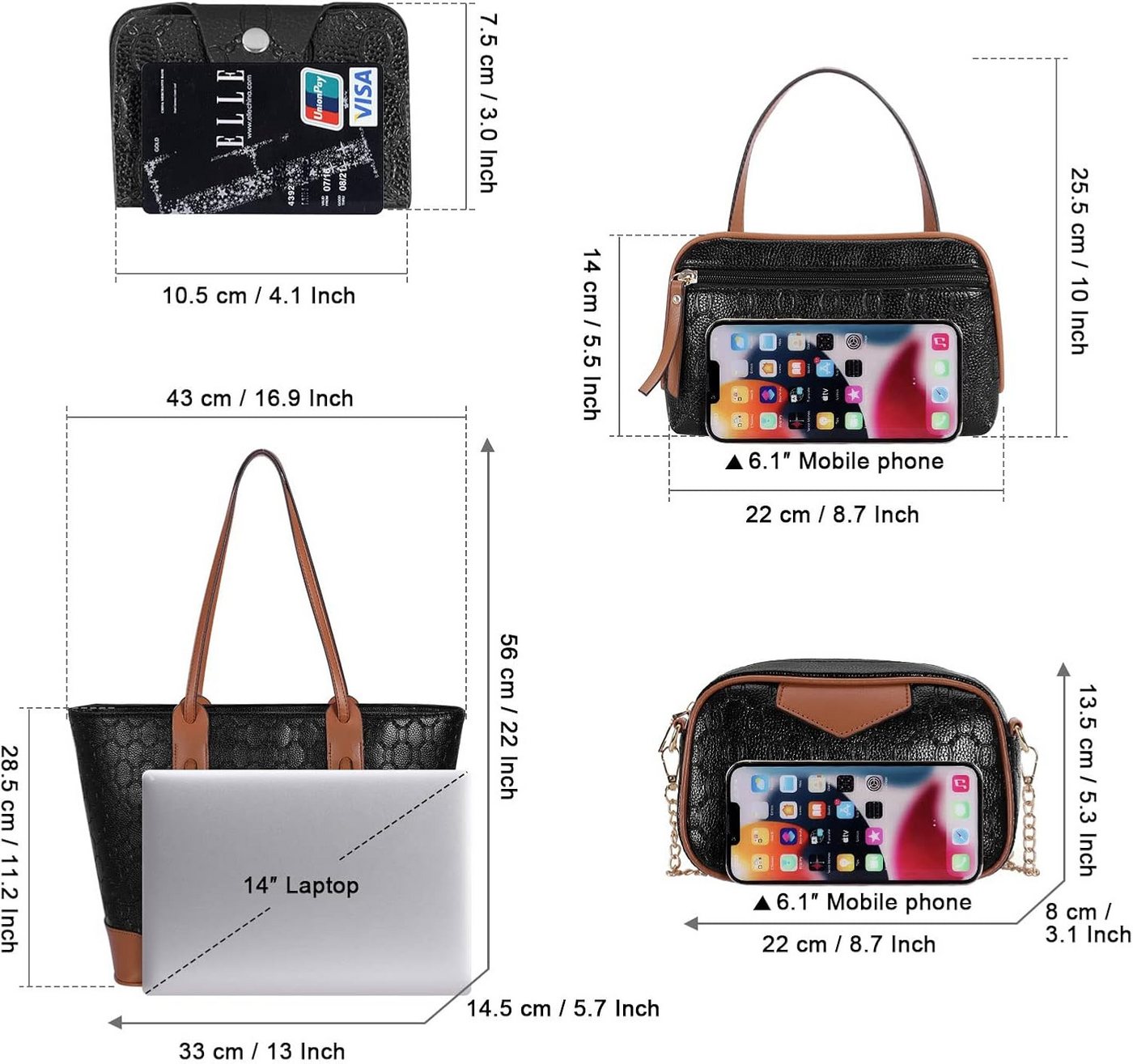 ibettertec Reisetasche Damen Handtasche Tote Shopper Groß Schultertasche Umhängetasche (4-teiliges Set Buro Schule Einkauf Reise Geschenk, Geldbörsen, Kartenetuis, Aufbewahrungstaschen), Hochwertiges Kunstleder Bild 2