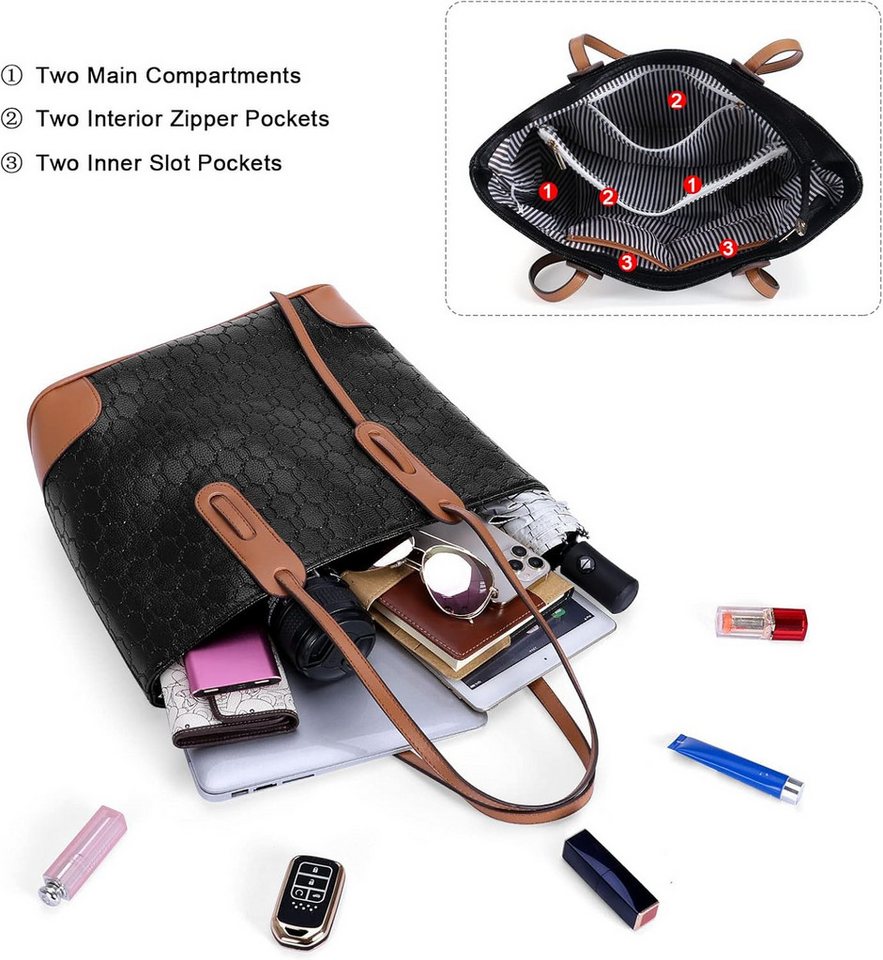 ibettertec Reisetasche Damen Handtasche Tote Shopper Groß Schultertasche Umhängetasche (4-teiliges Set Buro Schule Einkauf Reise Geschenk, Geldbörsen, Kartenetuis, Aufbewahrungstaschen), Hochwertiges Kunstleder Bild 3