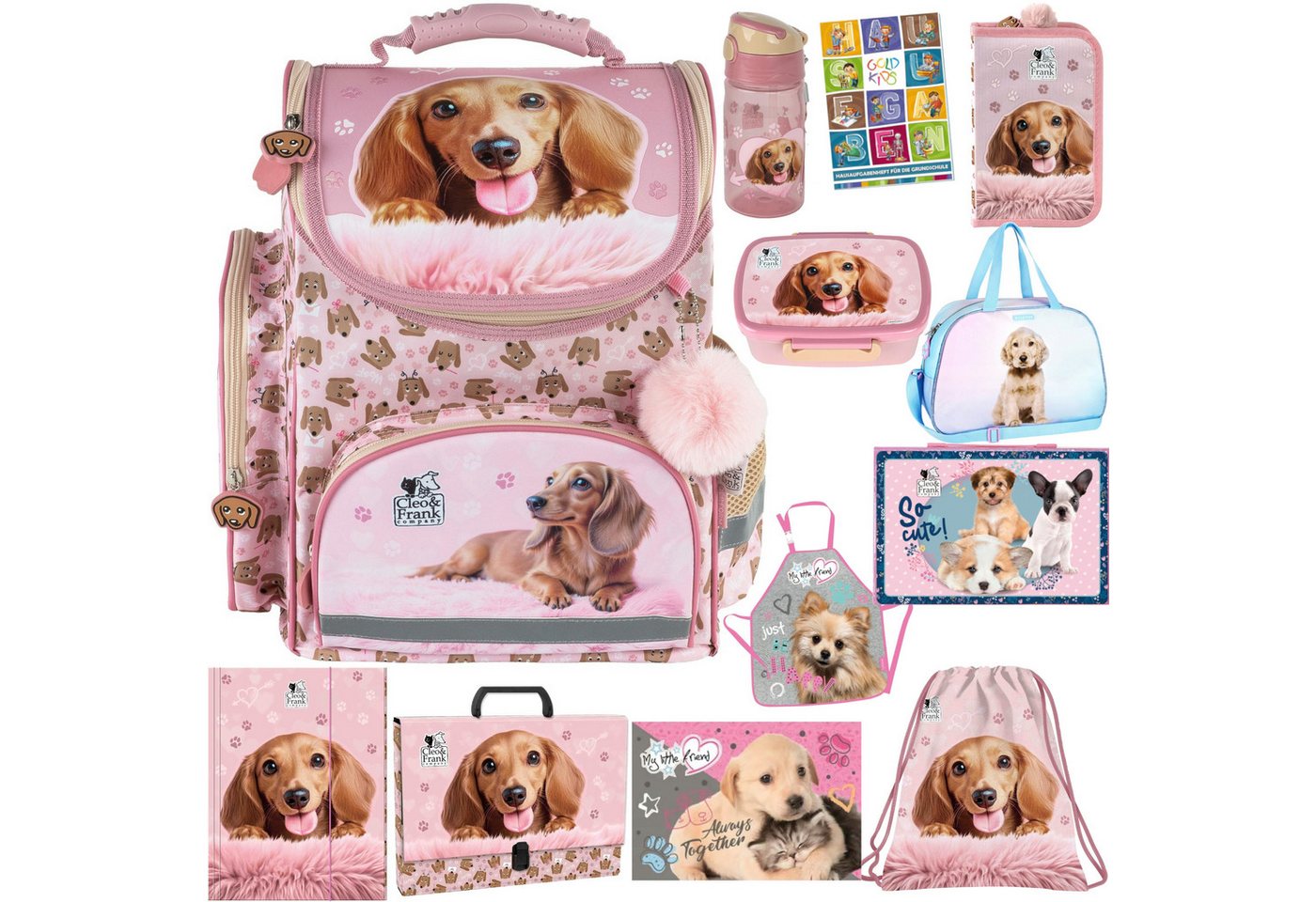 GOLDKIDS Schulranzen für Mädchen, 12er-Set - (Schul-Rucksack für Kinder mit Federmäppchen, 1-tlg., - Schuhbeutel Trinkflasche und Brotdose), - Hund Motiv- 1-3 Klasse Bild 5