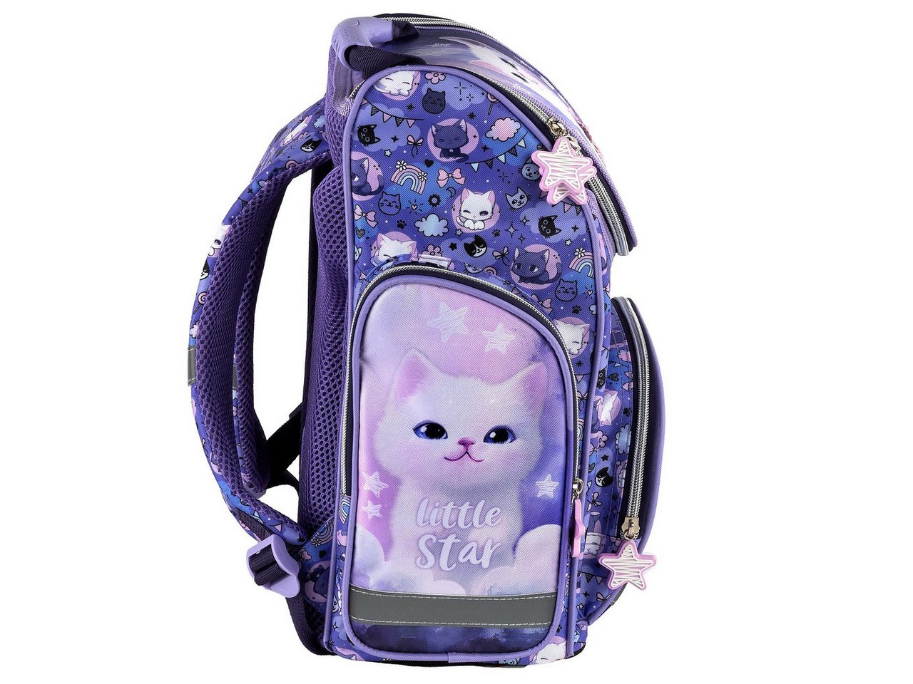 GOLDKIDS Schulranzen für Mädchen, 13er-Set - (Schul-Rucksack für Kinder mit Federmäppchen, 1-tlg., - Schuhbeutel Trinkflasche und Brotdose), - Katze Motiv- 1-3 Klasse