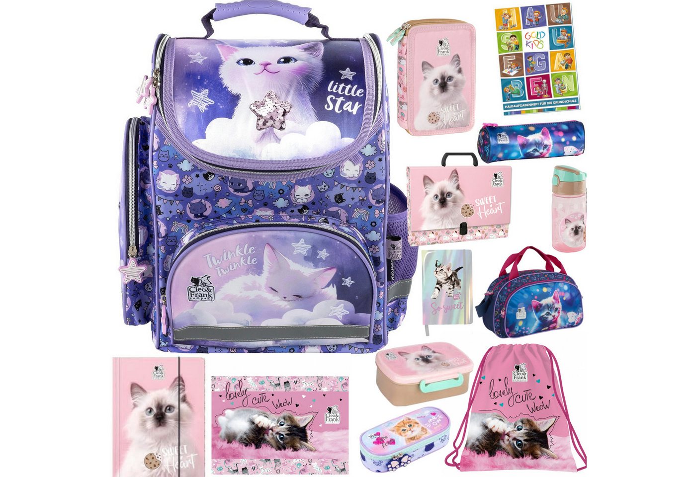 GOLDKIDS Schulranzen für Mädchen, 13er-Set - (Schul-Rucksack für Kinder mit Federmäppchen, 1-tlg., - Schuhbeutel Trinkflasche und Brotdose), - Katze Motiv- 1-3 Klasse Bild 3