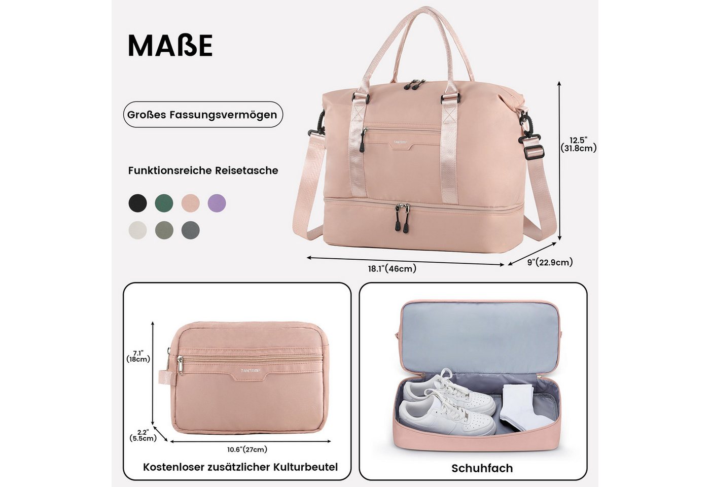 TANTOMI Reisetasche Erweiterbares Reisetasche mit Schuhfach & Kulturbeutel (46x23x32 Handgepäck), Nassfach, Wasserdicht Travel Bag Fitnesstasche Trainingstasche Bild 5