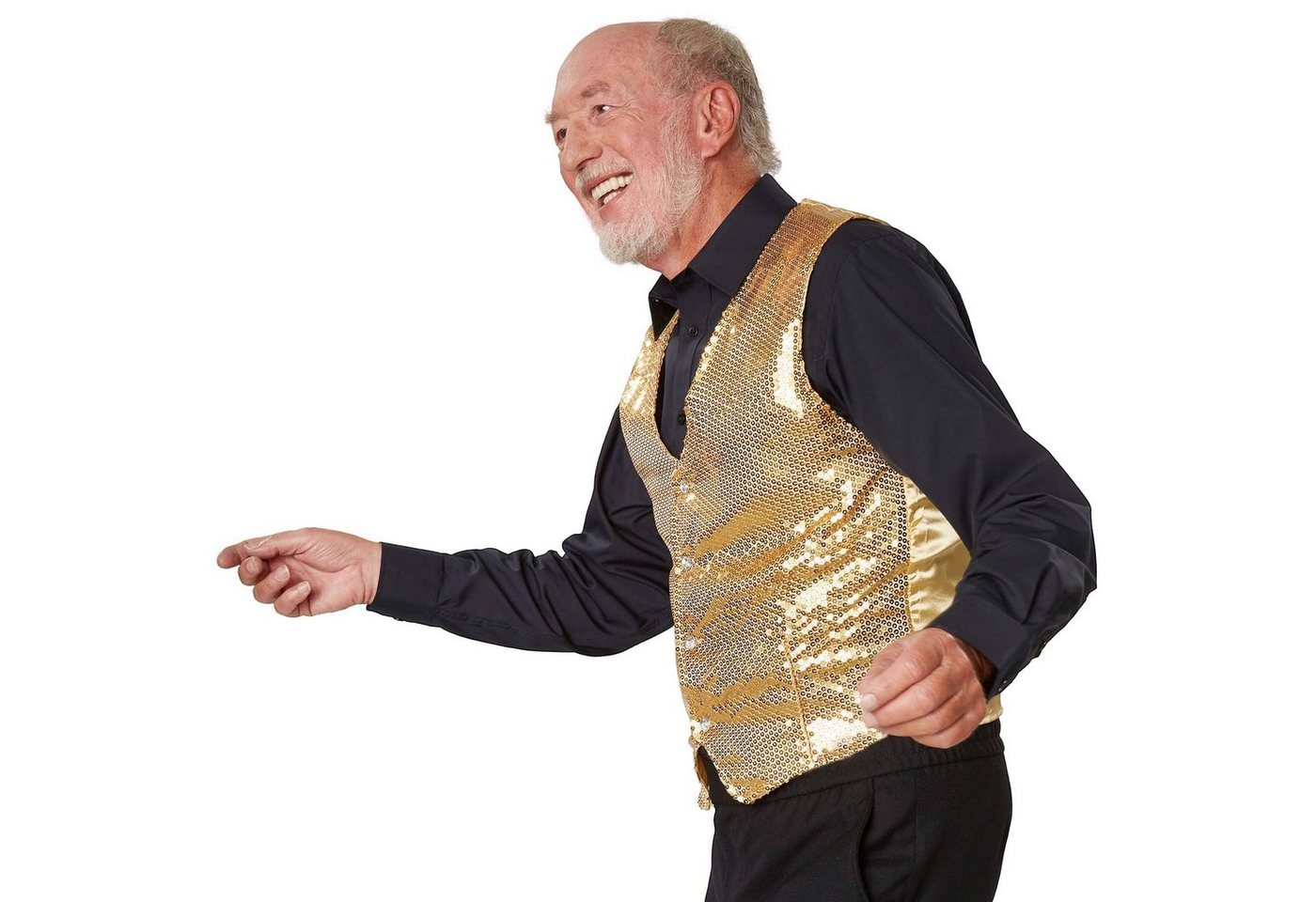 dressforfun Anzugweste Gilet, Hoher Tragekomfort, perfekter Sitz, Herren-Weste einfarbig (Festweste, Konfektionsgröße M in gold) Vorn mit glitzernden Pailletten, Feiner Glanzstoff auf der Rückseite Bild 3