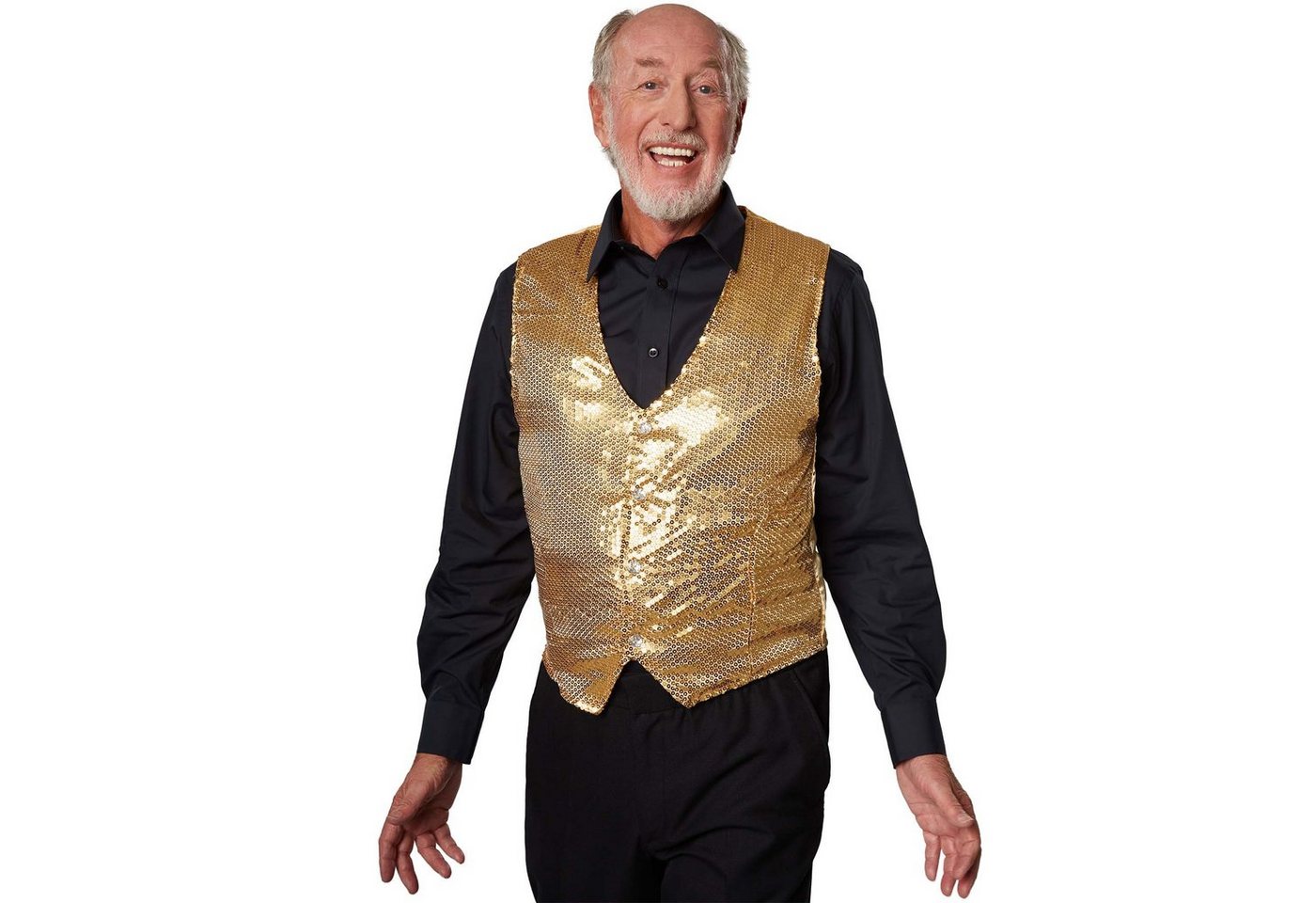 dressforfun Anzugweste Gilet, Hoher Tragekomfort, perfekter Sitz, Herren-Weste einfarbig (Festweste, Konfektionsgröße M in gold) Vorn mit glitzernden Pailletten, Feiner Glanzstoff auf der Rückseite Bild 4
