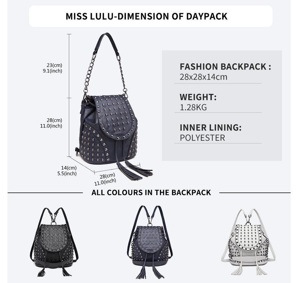 Miss Lulu Rucksack Mode Rucksack, Handtaschen für Frauen mit Ketten-Schultergurt & Nieten Bild 3