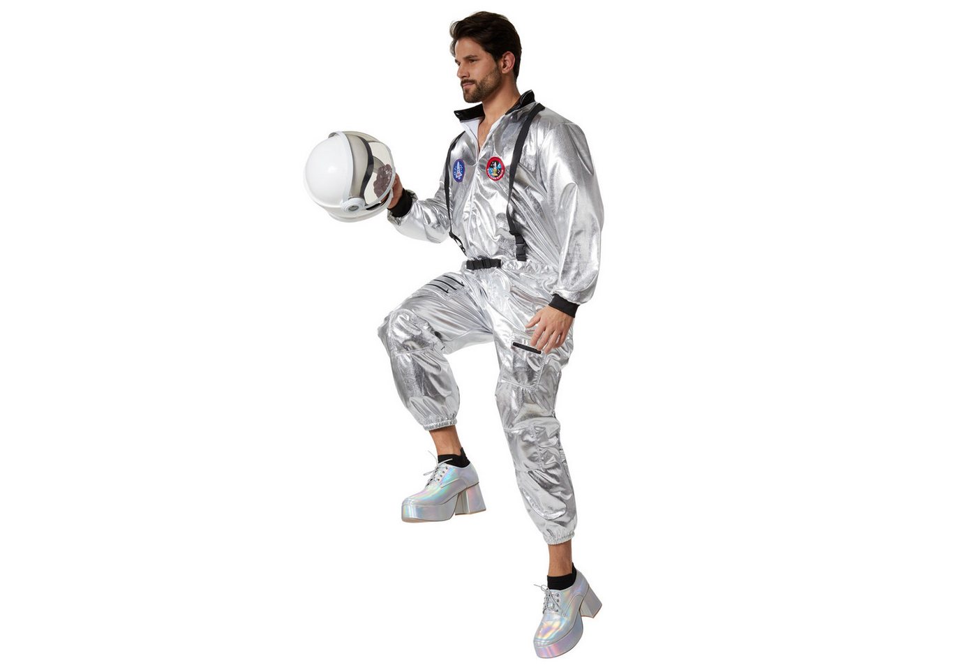 dressforfun Kostüm Astronaut/Raumfahrer, Konfektionsgröße M, Leichtes Material sorgt, in der Farbe silber, Silberner Overall für eine galaktische Optik