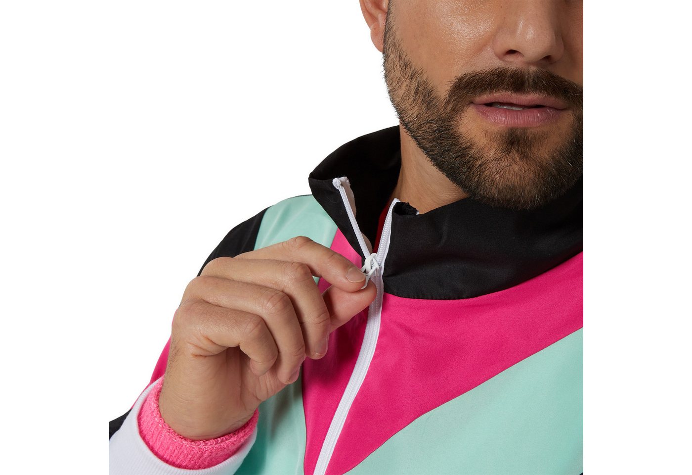 dressforfun Kostüm Retro-Trainingsanzug/80er-/90er-Jahre-Jogginganzug, in schwarz, Gr., Bunter Retro-Style: Jacke, Leichtes und robustes Material, Fasching