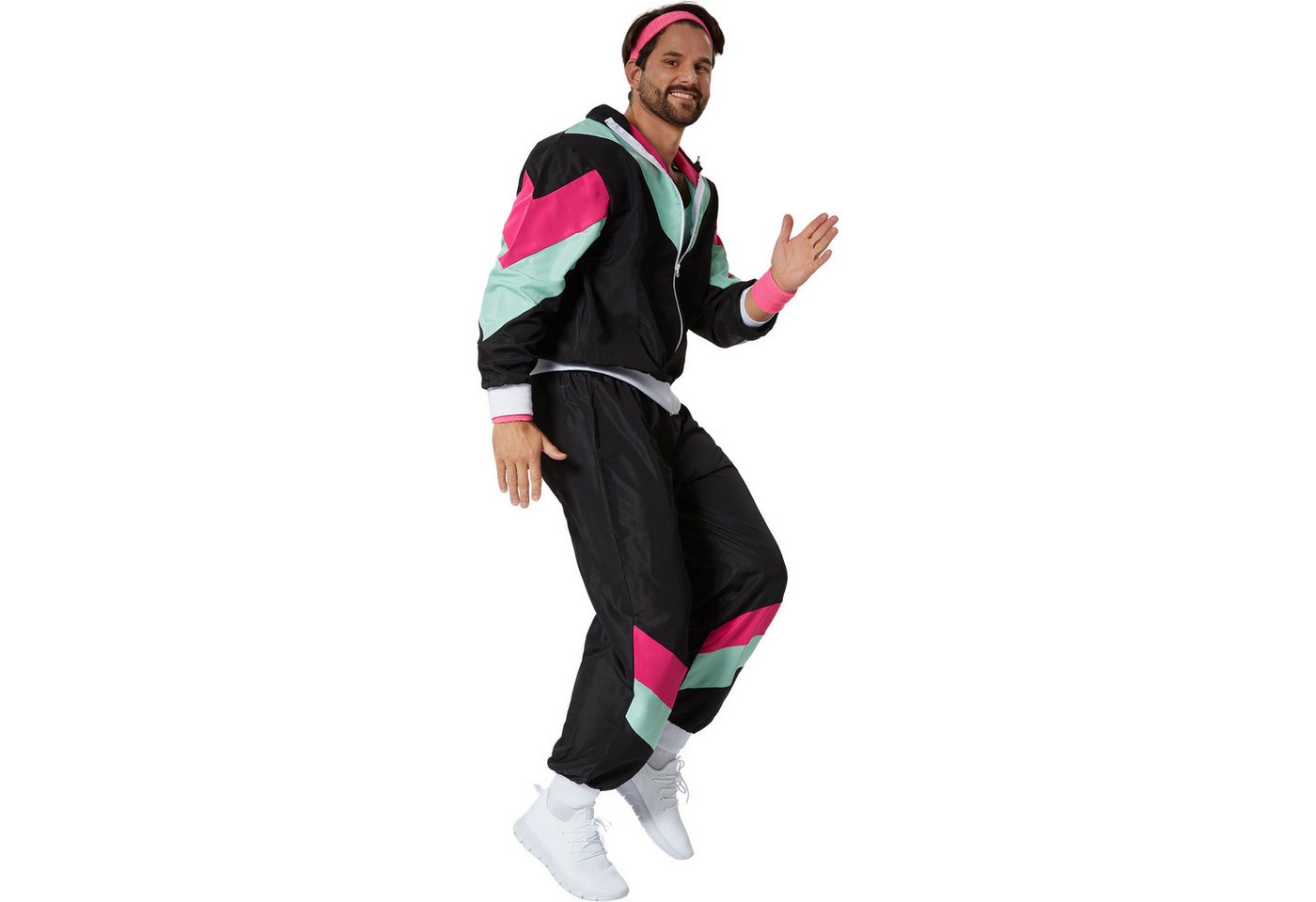 dressforfun Kostüm Retro-Trainingsanzug/80er-/90er-Jahre-Jogginganzug, in schwarz, Gr., Bunter Retro-Style: Jacke, Leichtes und robustes Material, Fasching Bild 5