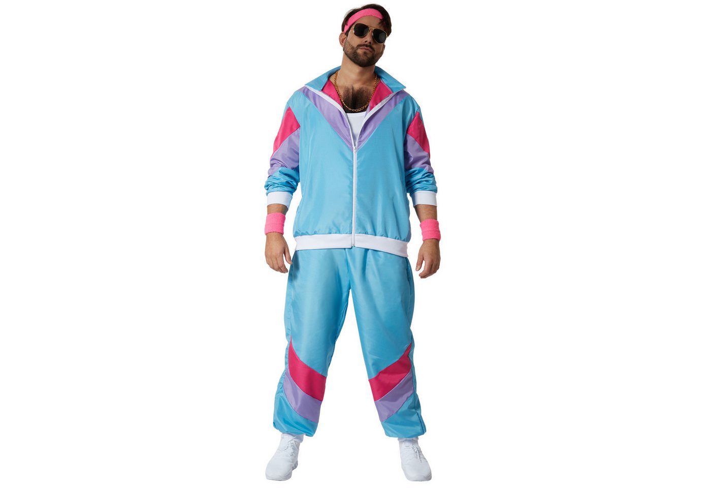 dressforfun Kostüm Retro-Trainingsanzug/80er-/90er-Jahre-Jogginganzug, in bunt, Gr. XXL, Jacke und Hose in auffälligen Farben, Mit Stirnband, Halskette