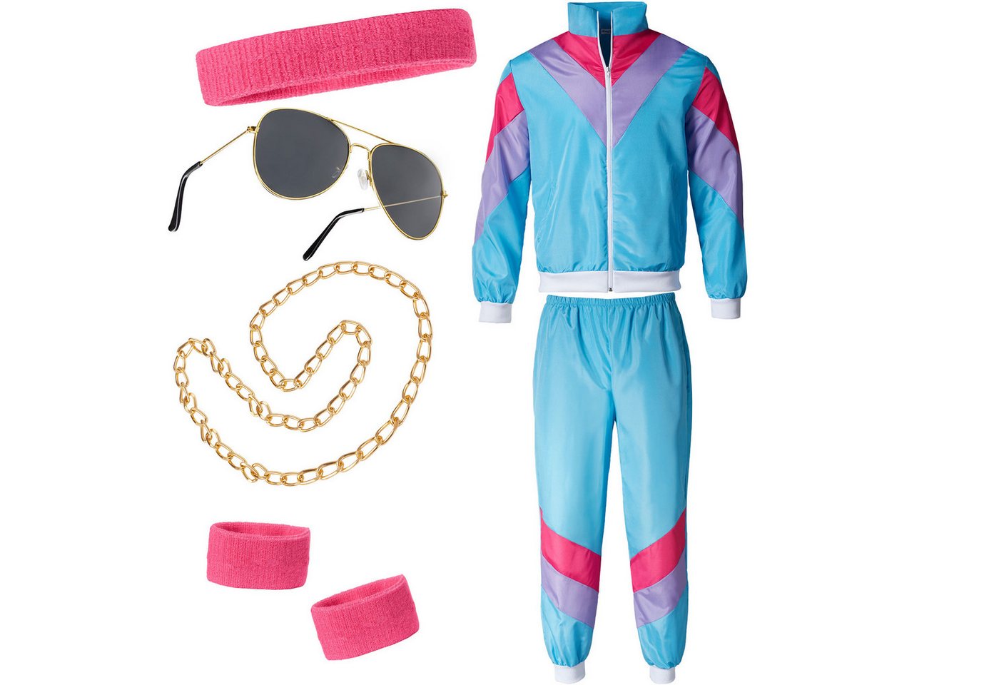 dressforfun Kostüm Retro-Trainingsanzug/80er-/90er-Jahre-Jogginganzug, in bunt, Gr. XXL, Jacke und Hose in auffälligen Farben, Mit Stirnband, Halskette Bild 3