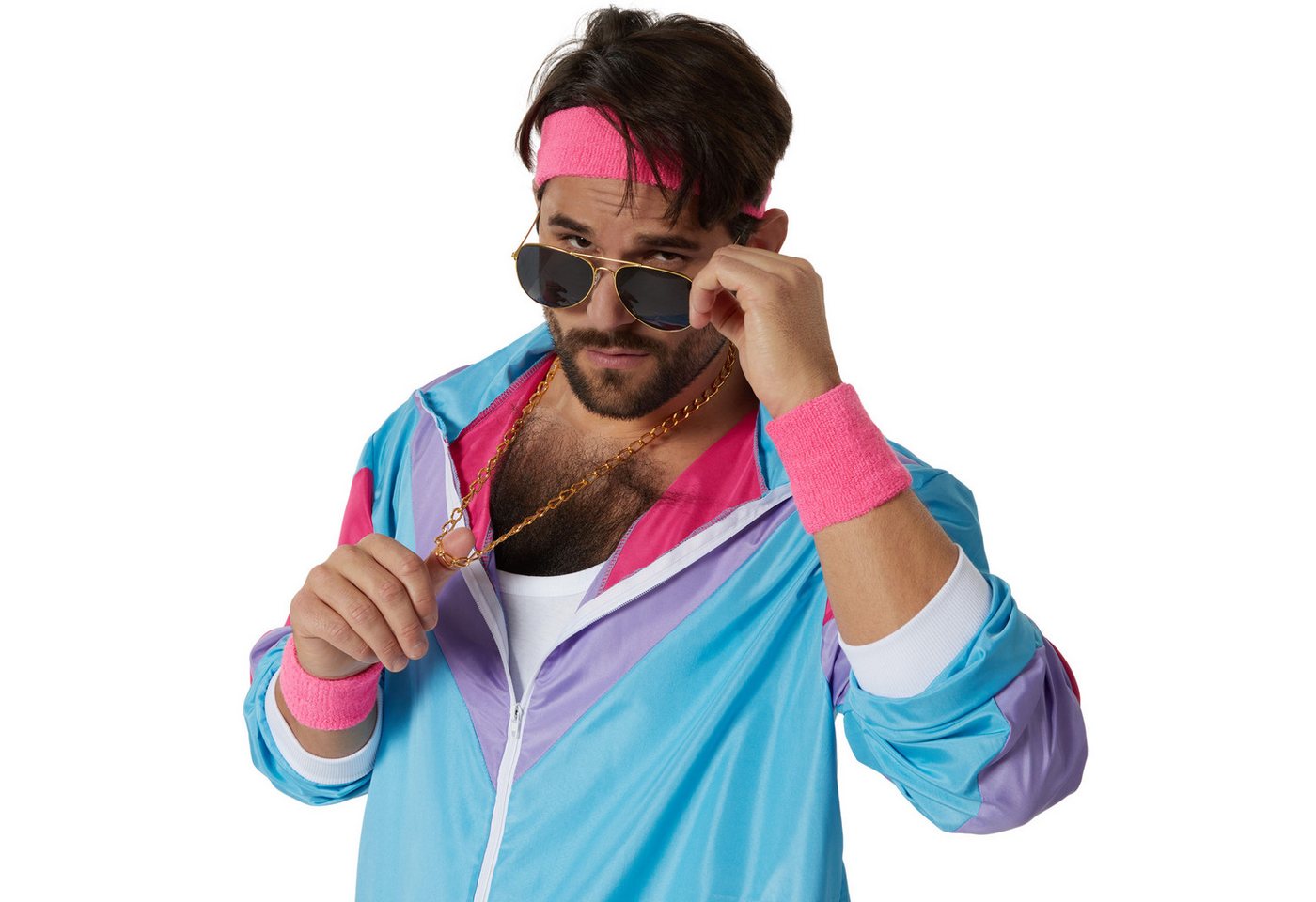 dressforfun Kostüm Retro-Trainingsanzug/80er-/90er-Jahre-Jogginganzug, in bunt, Gr. XXL, Jacke und Hose in auffälligen Farben, Mit Stirnband, Halskette Bild 4