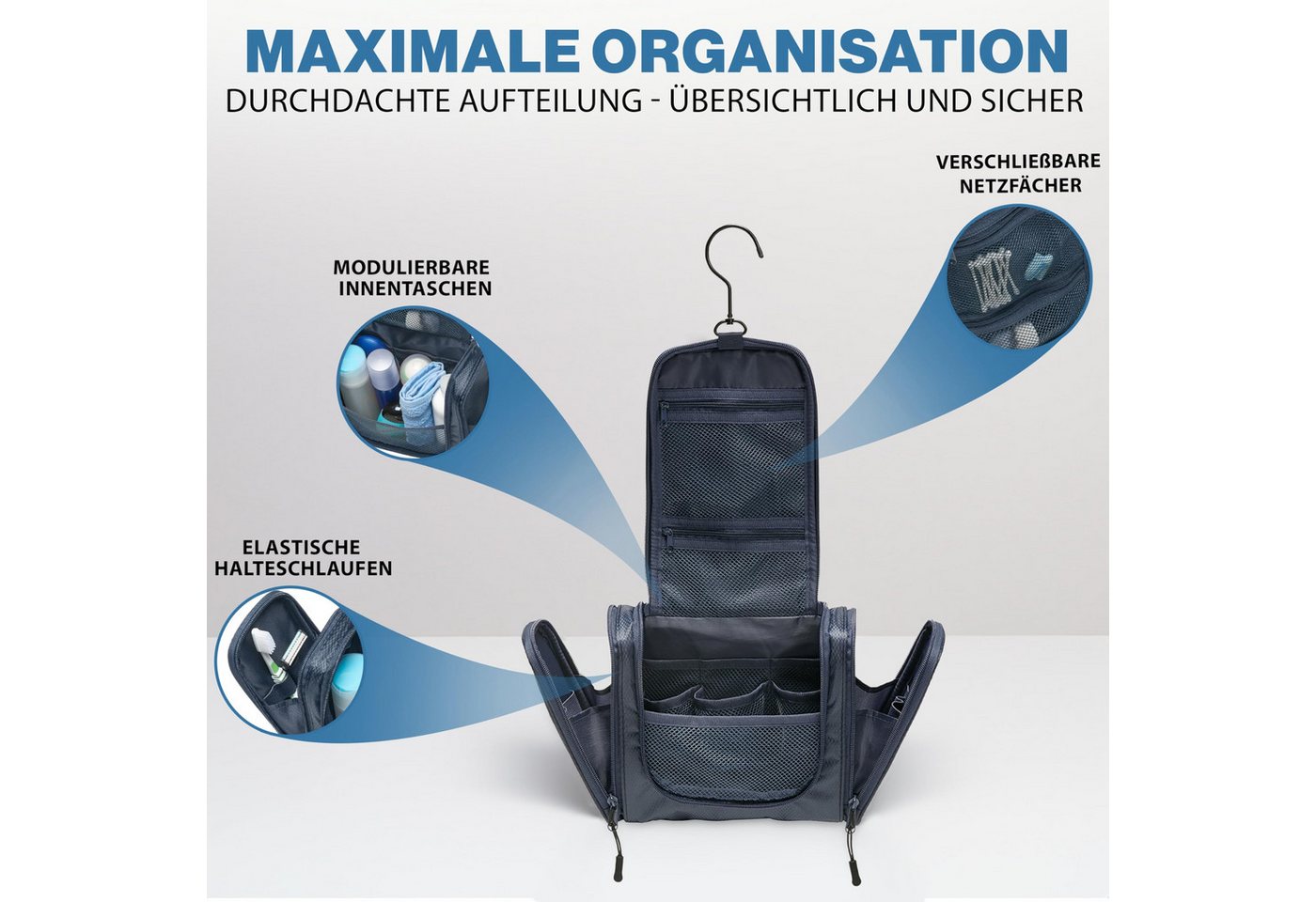 TRABONA Kulturbeutel zum Aufhängen für Herren - Waschtasche für Männer Premium-Qualität, Reise Kulturtasche mit verbessertem Konzept Bild 2