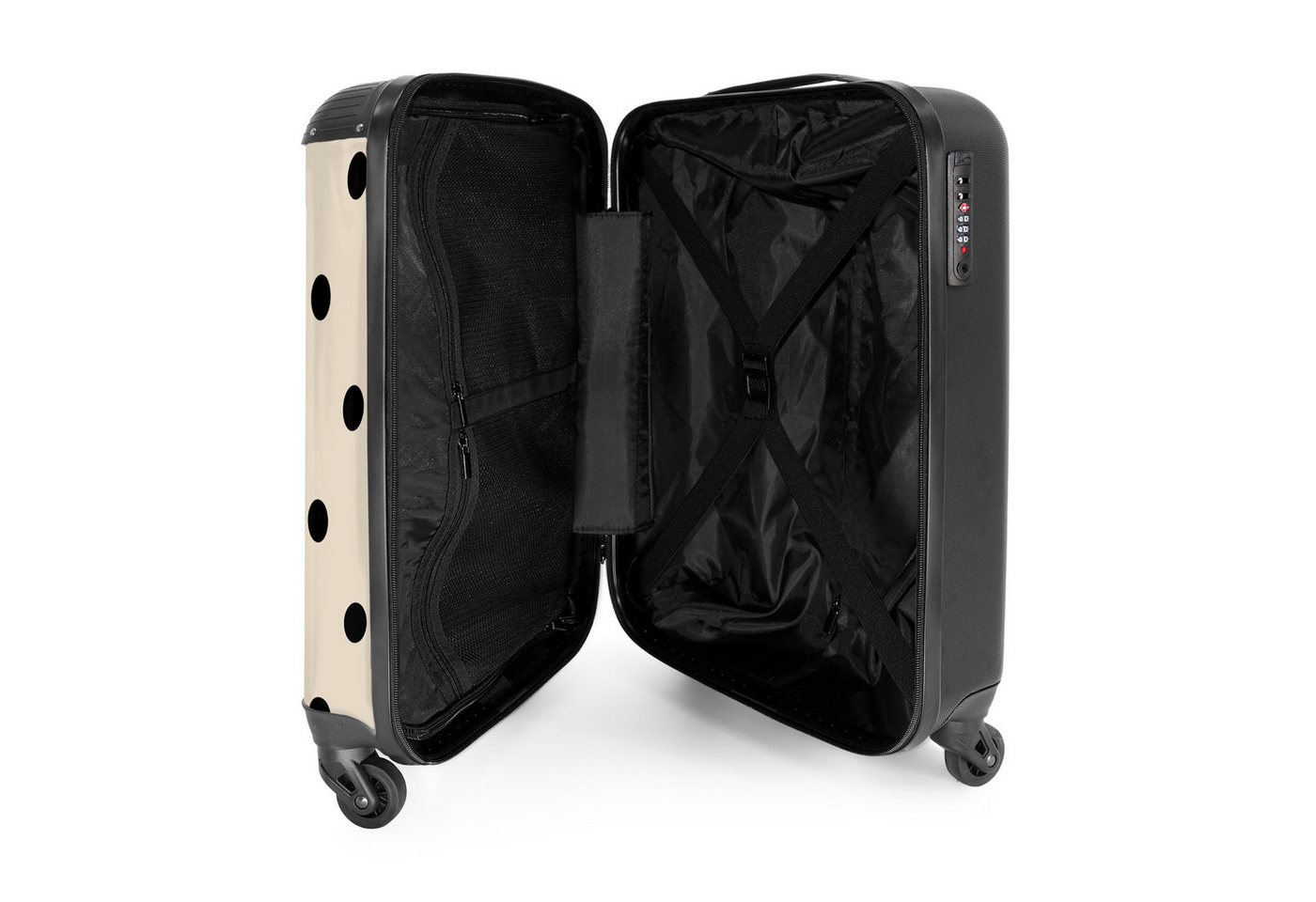 NoBoringSuitcases.com© Hartschalen-Trolley Beigefarbener Hintergrund mit schwarzen Punkten 55x35x20cm, 4 Rollen, Reisetasche mit Rollen, Koffer Handgepäck Flugzeug