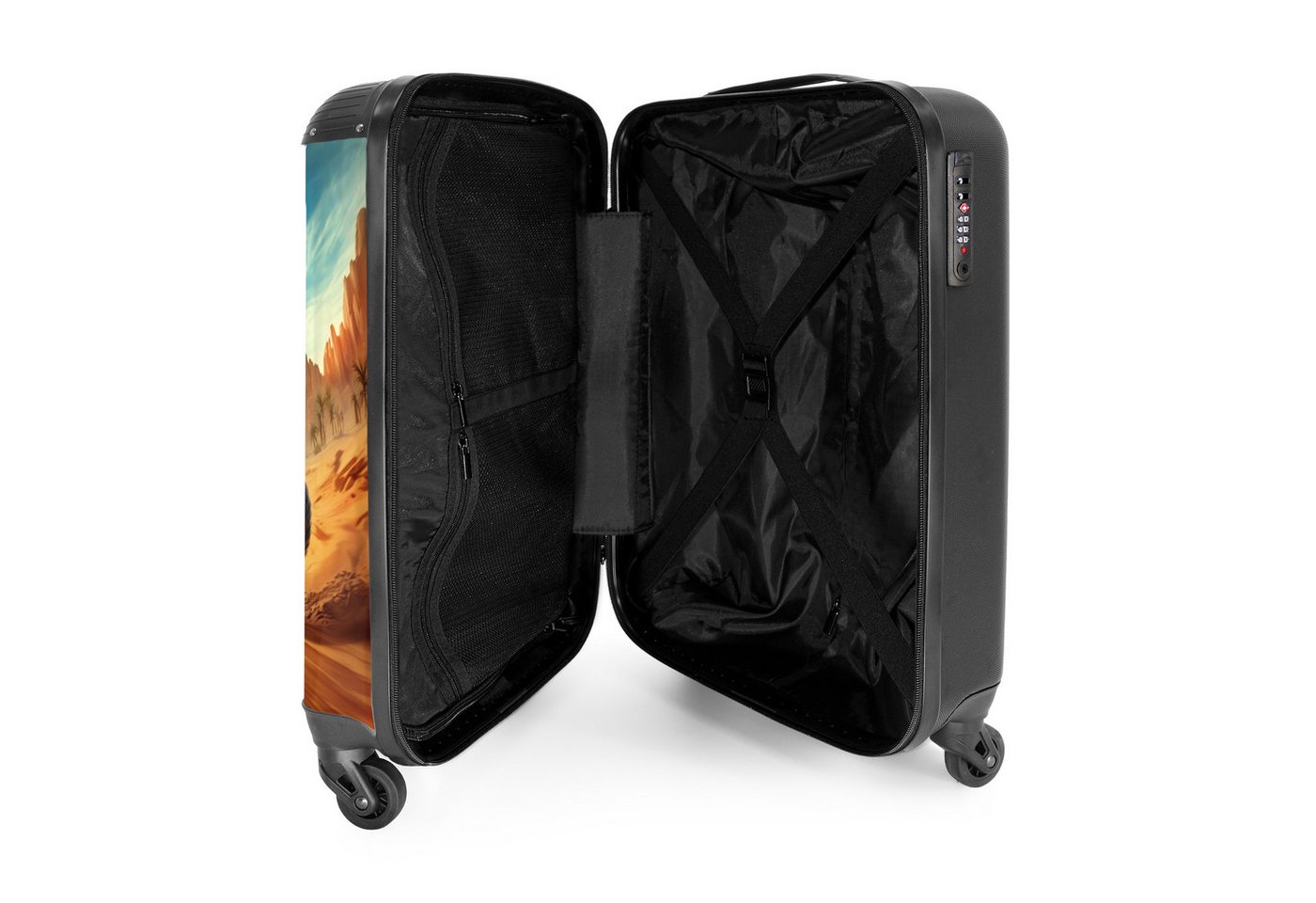 NoBoringSuitcases.com© Kinderkoffer Flüchtender Lkw nach T-Rex in feuriger Wüste 55x35x20cm, Handgepäck Koffer, Hartschalenkoffer Kinder, Reisekoffer Jungen