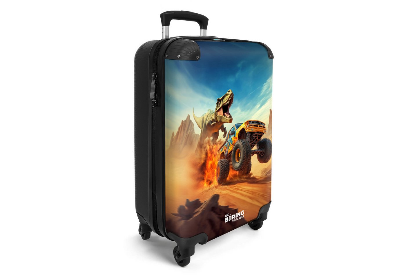 NoBoringSuitcases.com© Kinderkoffer Flüchtender Lkw nach T-Rex in feuriger Wüste 55x35x20cm, Handgepäck Koffer, Hartschalenkoffer Kinder, Reisekoffer Jungen Bild 4
