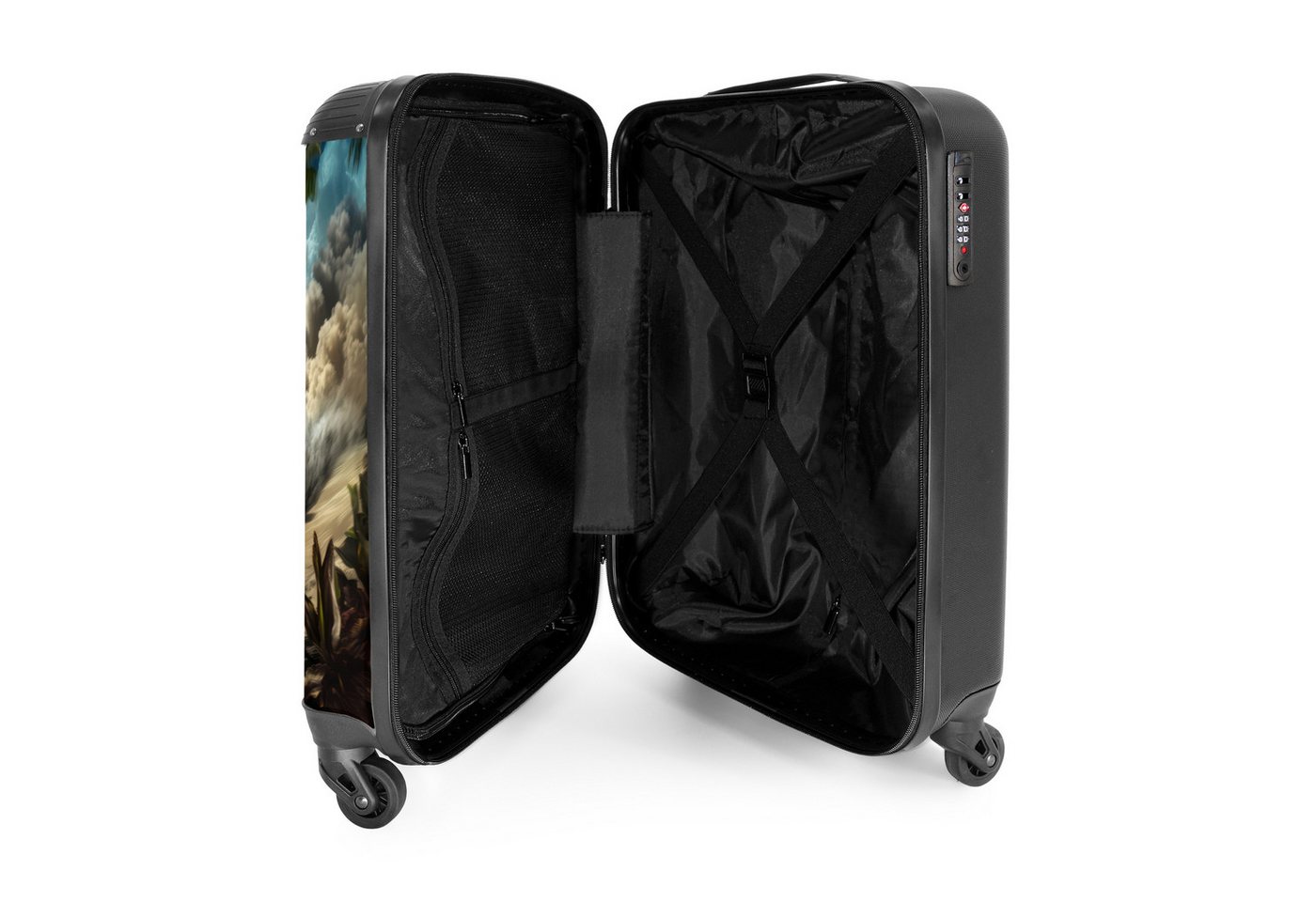 NoBoringSuitcases.com© Kinderkoffer Roter Sportwagen mit Dino rast durch tropischen Strand 55x35x20cm, 4 Rollen, Handgepäck Koffer, Hartschalenkoffer Kinder, Reisekoffer Jungen