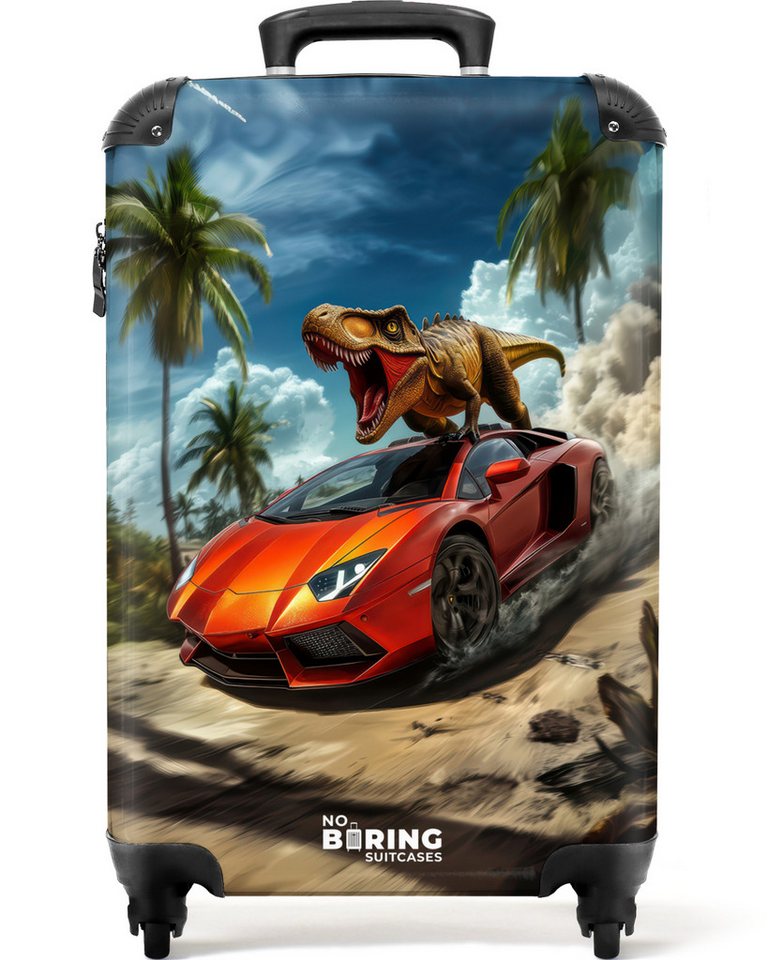 NoBoringSuitcases.com© Kinderkoffer Roter Sportwagen mit Dino rast durch tropischen Strand 55x35x20cm, 4 Rollen, Handgepäck Koffer, Hartschalenkoffer Kinder, Reisekoffer Jungen Bild 2