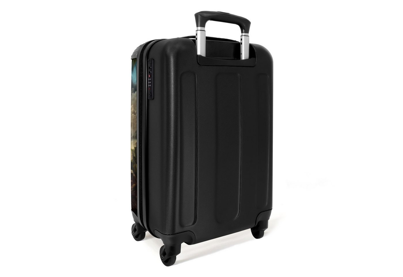 NoBoringSuitcases.com© Kinderkoffer Roter Sportwagen mit Dino rast durch tropischen Strand 55x35x20cm, 4 Rollen, Handgepäck Koffer, Hartschalenkoffer Kinder, Reisekoffer Jungen Bild 3