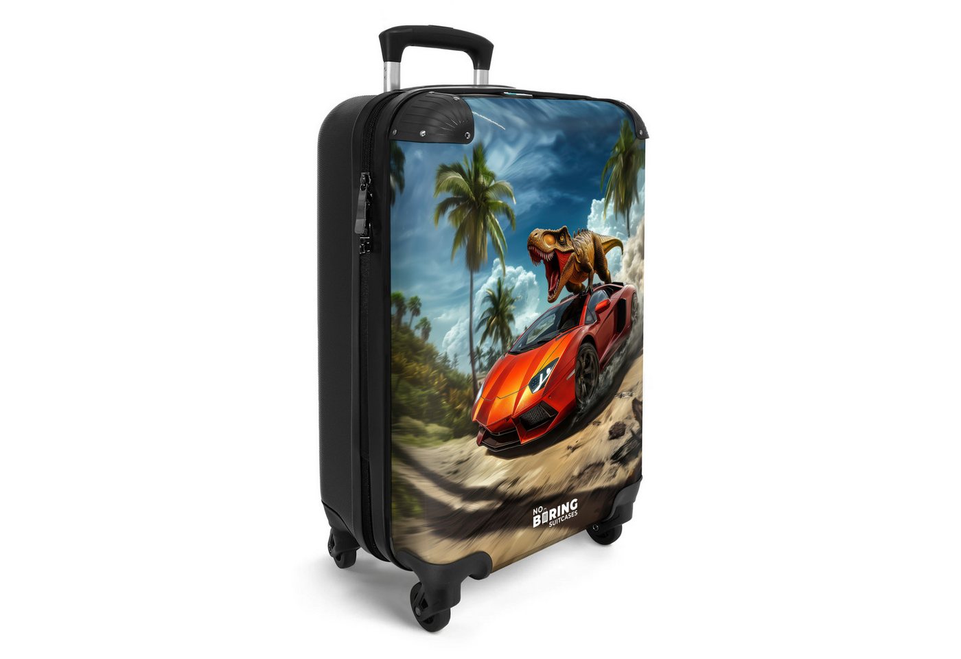 NoBoringSuitcases.com© Kinderkoffer Roter Sportwagen mit Dino rast durch tropischen Strand 55x35x20cm, 4 Rollen, Handgepäck Koffer, Hartschalenkoffer Kinder, Reisekoffer Jungen Bild 4