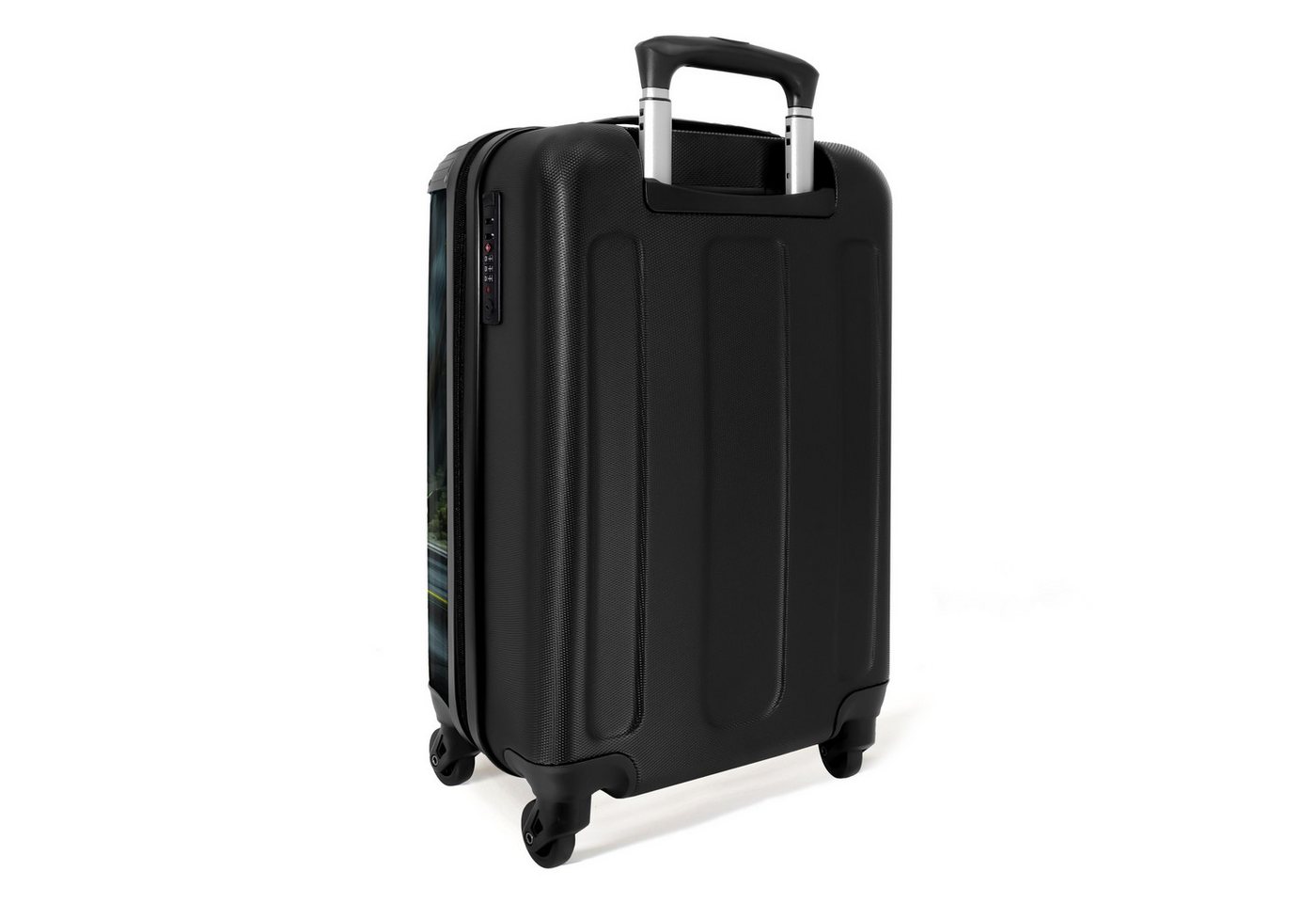 NoBoringSuitcases.com© Kinderkoffer T-Rex auf orangefarbenem Sportwagen im verregneten Wald 55x35x20cm, Handgepäck Koffer, Hartschalenkoffer Kinder, Reisekoffer Jungen