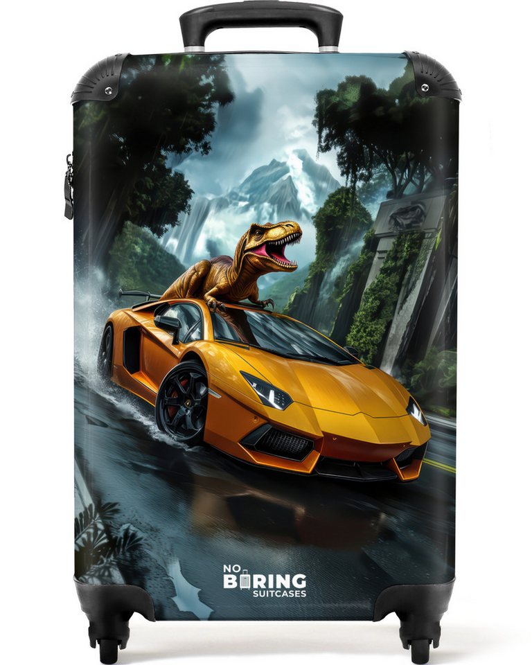 NoBoringSuitcases.com© Kinderkoffer T-Rex auf orangefarbenem Sportwagen im verregneten Wald 55x35x20cm, Handgepäck Koffer, Hartschalenkoffer Kinder, Reisekoffer Jungen Bild 3