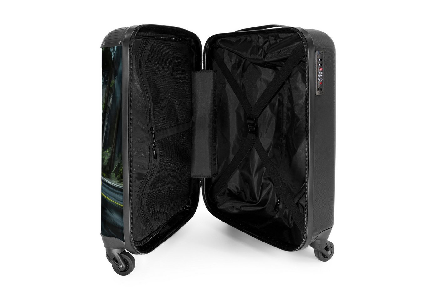 NoBoringSuitcases.com© Kinderkoffer T-Rex auf orangefarbenem Sportwagen im verregneten Wald 55x35x20cm, Handgepäck Koffer, Hartschalenkoffer Kinder, Reisekoffer Jungen Bild 4