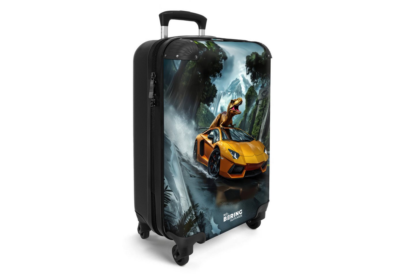 NoBoringSuitcases.com© Kinderkoffer T-Rex auf orangefarbenem Sportwagen im verregneten Wald 55x35x20cm, Handgepäck Koffer, Hartschalenkoffer Kinder, Reisekoffer Jungen Bild 5