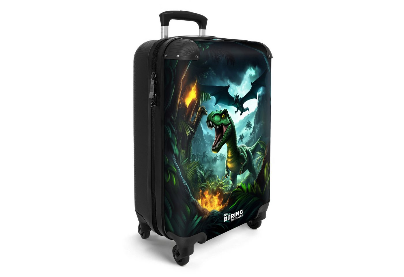 NoBoringSuitcases.com© Kinderkoffer Dinosaurier und Drache im feurigen Dschungeltal 55x35x20cm, Handgepäck Koffer, Hartschalenkoffer Kinder, Reisekoffer Jungen Bild 2
