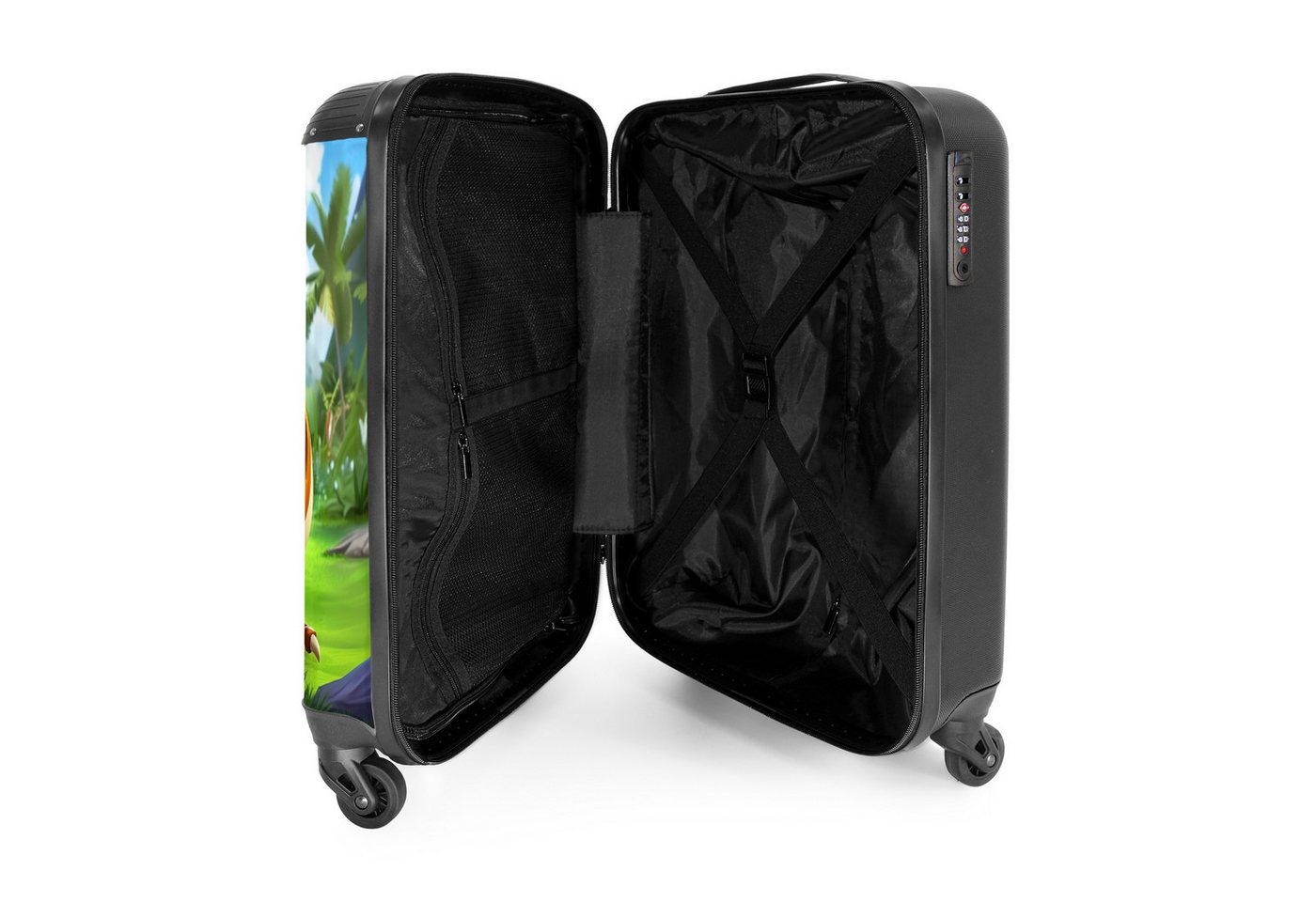 NoBoringSuitcases.com© Kinderkoffer Dino mit einem Fußball in grüner Landschaft 55x35x20cm, Handgepäck Koffer, Hartschalenkoffer Kinder, Reisekoffer Jungen
