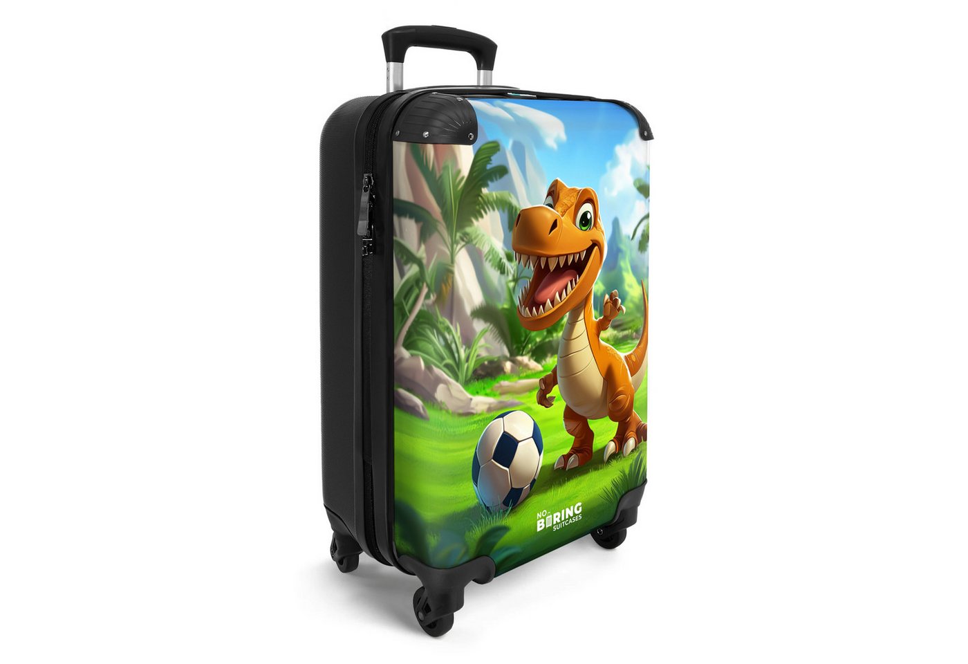 NoBoringSuitcases.com© Kinderkoffer Dino mit einem Fußball in grüner Landschaft 55x35x20cm, Handgepäck Koffer, Hartschalenkoffer Kinder, Reisekoffer Jungen Bild 2