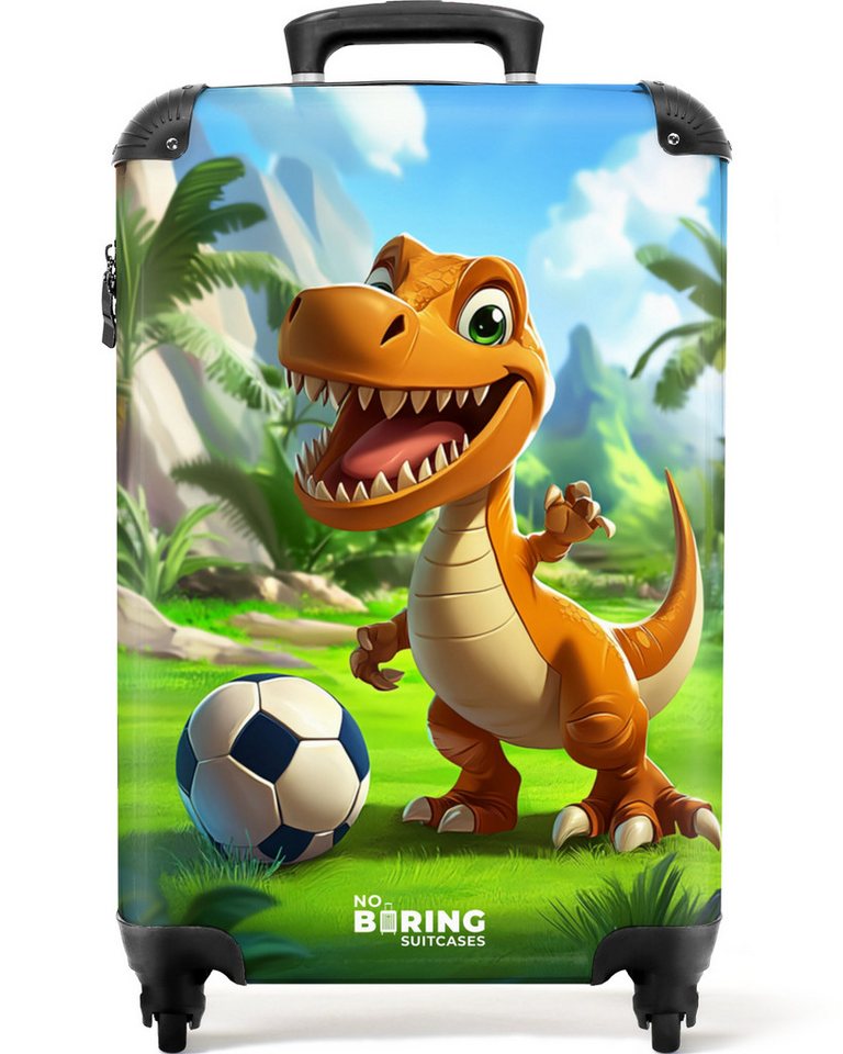 NoBoringSuitcases.com© Kinderkoffer Dino mit einem Fußball in grüner Landschaft 55x35x20cm, Handgepäck Koffer, Hartschalenkoffer Kinder, Reisekoffer Jungen Bild 3