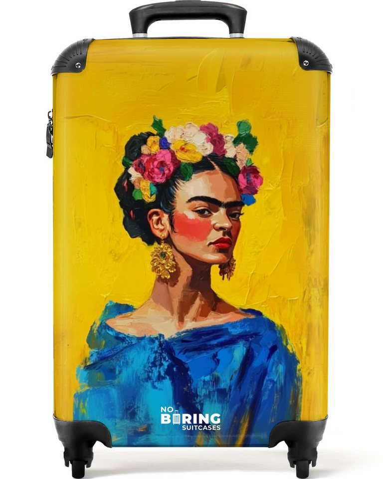 NoBoringSuitcases.com© Hartschalen-Trolley Frau mit Blumengirlande auf gelbem Hintergrund 55x35x20cm, 4 Rollen, Reisetasche mit Rollen, Koffer Handgepäck Flugzeug Bild 2