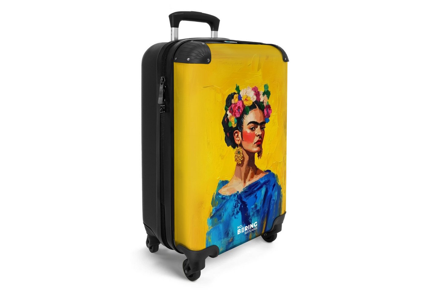 NoBoringSuitcases.com© Hartschalen-Trolley Frau mit Blumengirlande auf gelbem Hintergrund 55x35x20cm, 4 Rollen, Reisetasche mit Rollen, Koffer Handgepäck Flugzeug Bild 5