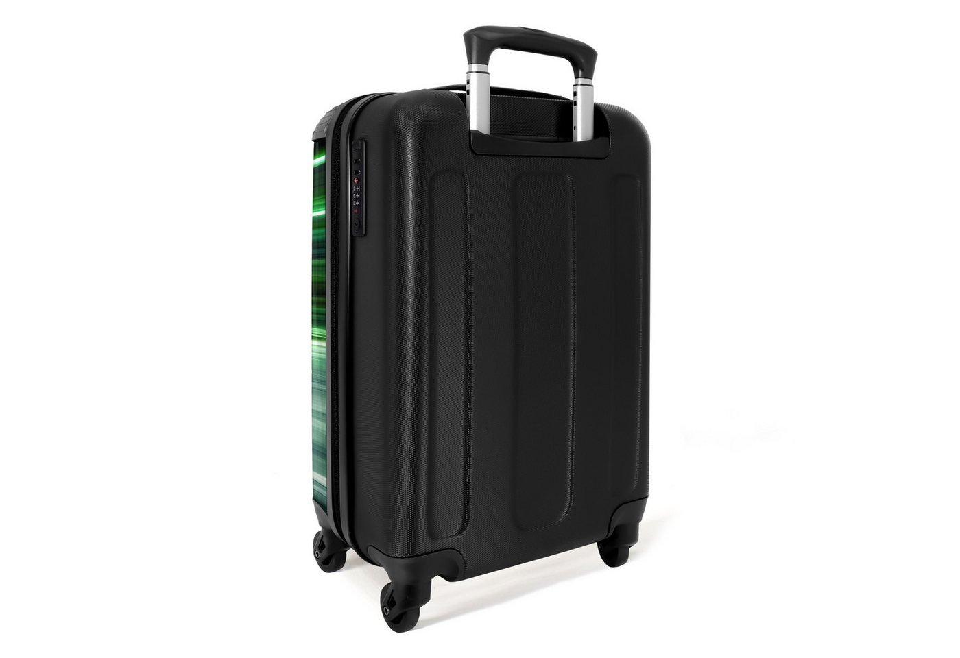 NoBoringSuitcases.com© Kinderkoffer Blauer Rennwagen mit Streifen in grünem Tunnel 55x35x20cm, Handgepäck Koffer, Hartschalenkoffer Kinder, Reisekoffer Jungen