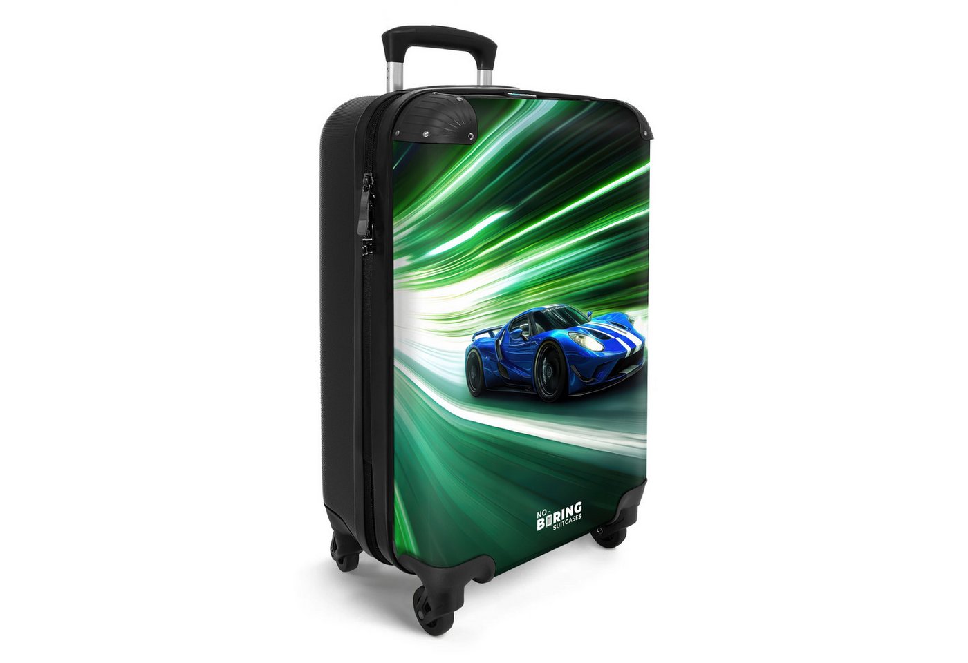 NoBoringSuitcases.com© Kinderkoffer Blauer Rennwagen mit Streifen in grünem Tunnel 55x35x20cm, Handgepäck Koffer, Hartschalenkoffer Kinder, Reisekoffer Jungen Bild 2