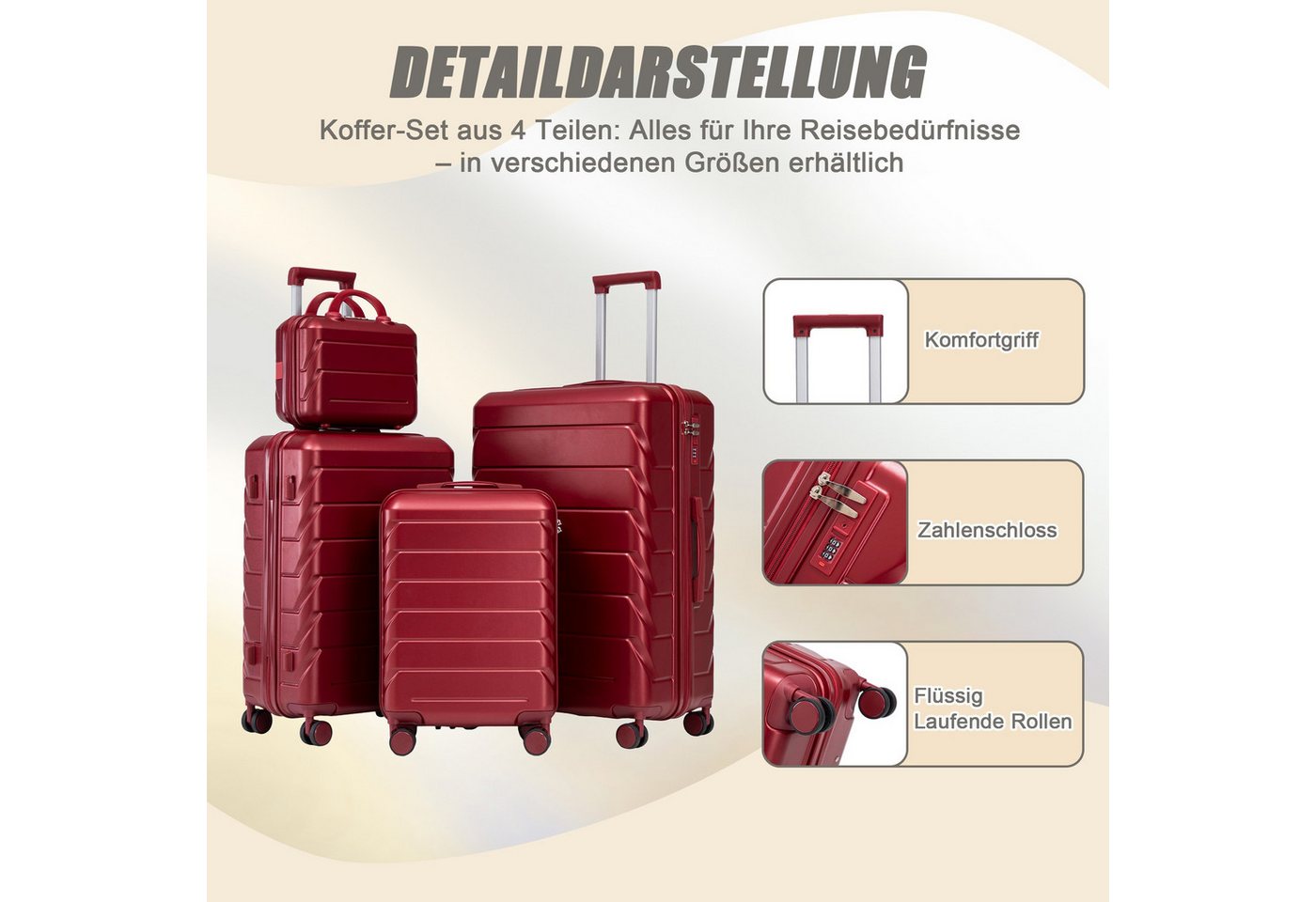 LVHOM Trolleyset 2/4 Set., ABS Hartschalen 14"/19"/24"/28", leise Rädern für jede Tour, (4 tlg., Kosmetikorganizer mit Tragegriff, Sicherungsschlinge), Geschäftstrip, Familienurlaub, längere Erkundungen, Flughafentransfers Bild 3